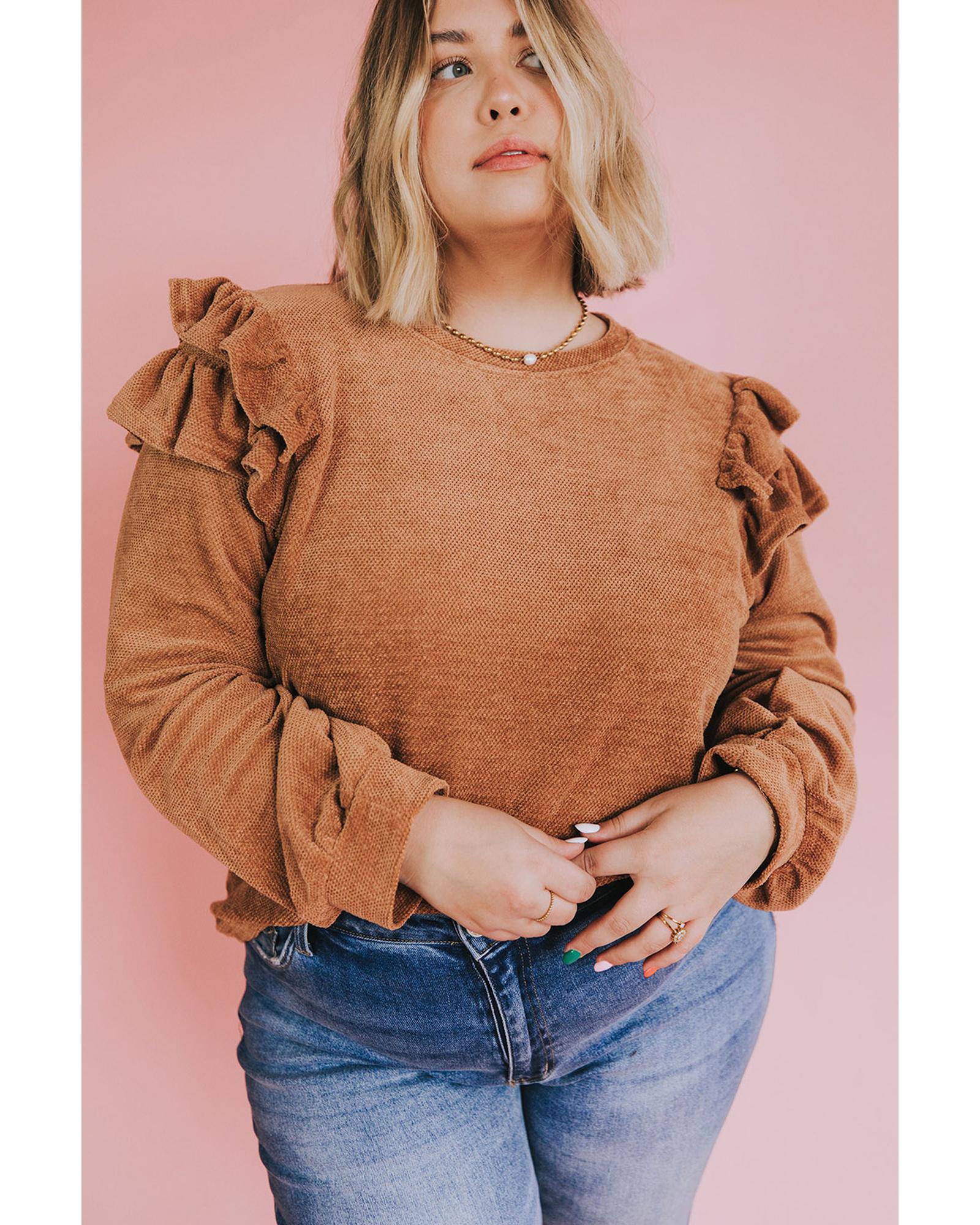V539-AZEXPL2511161-17-3X-202508310955-01 Brown Plus Size Solid Ruffled Tiered Long Sleeve Top - 3X - Image 2
