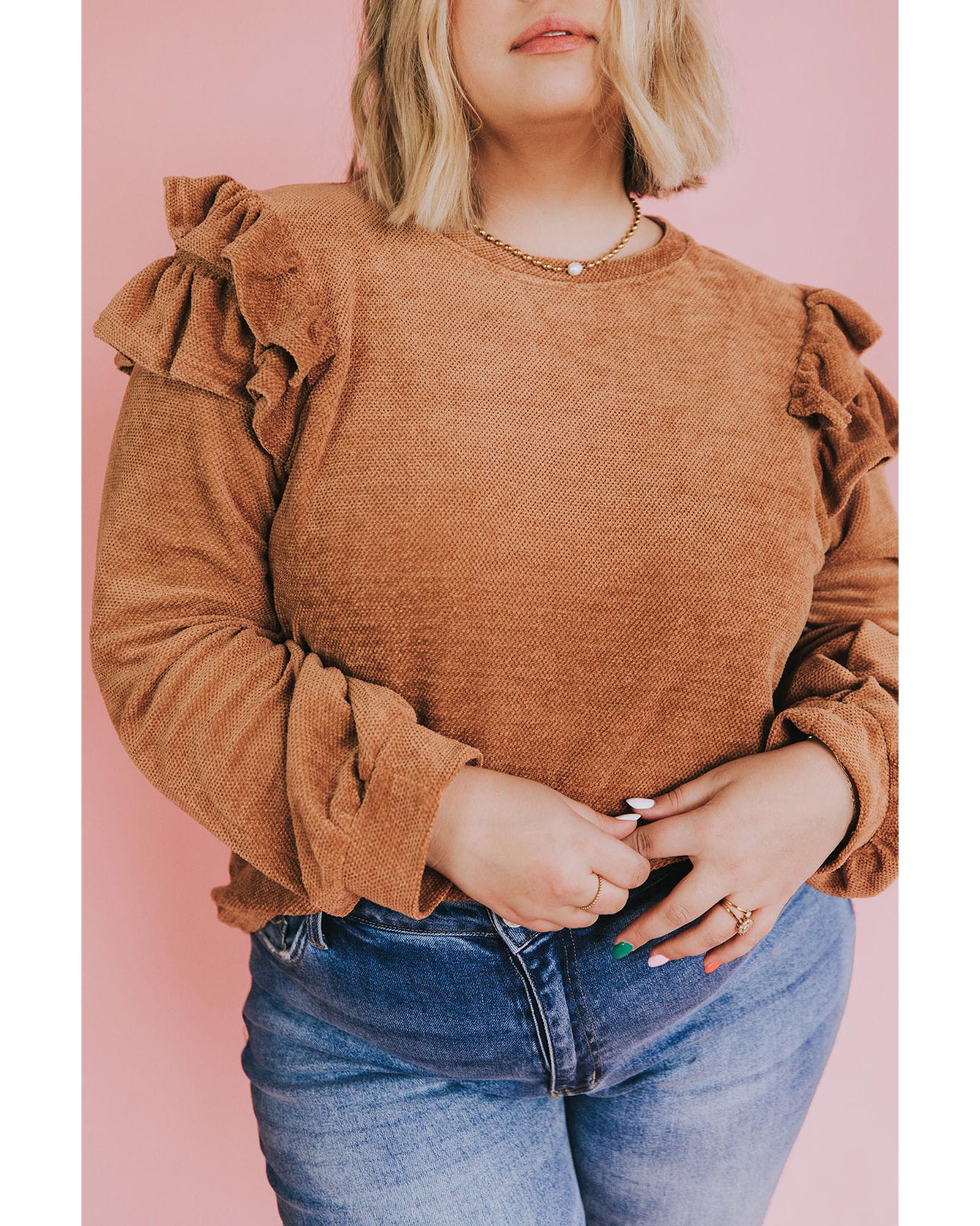 V539-AZEXPL2511161-17-3X-202508310955-03 Brown Plus Size Solid Ruffled Tiered Long Sleeve Top - 3X - Image 4