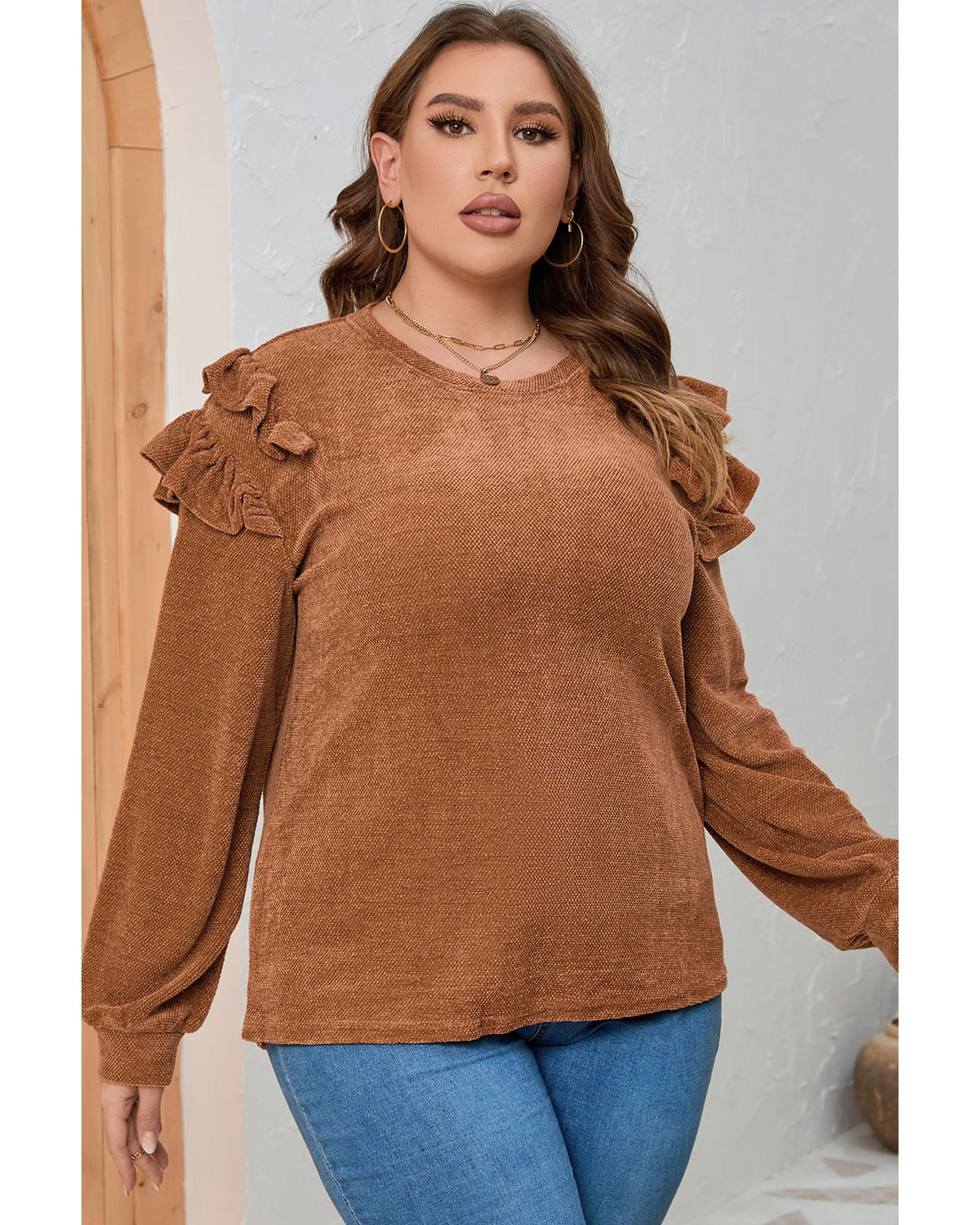V539-AZEXPL2511161-17-3X-202508310955-05 Brown Plus Size Solid Ruffled Tiered Long Sleeve Top - 3X - Image 6