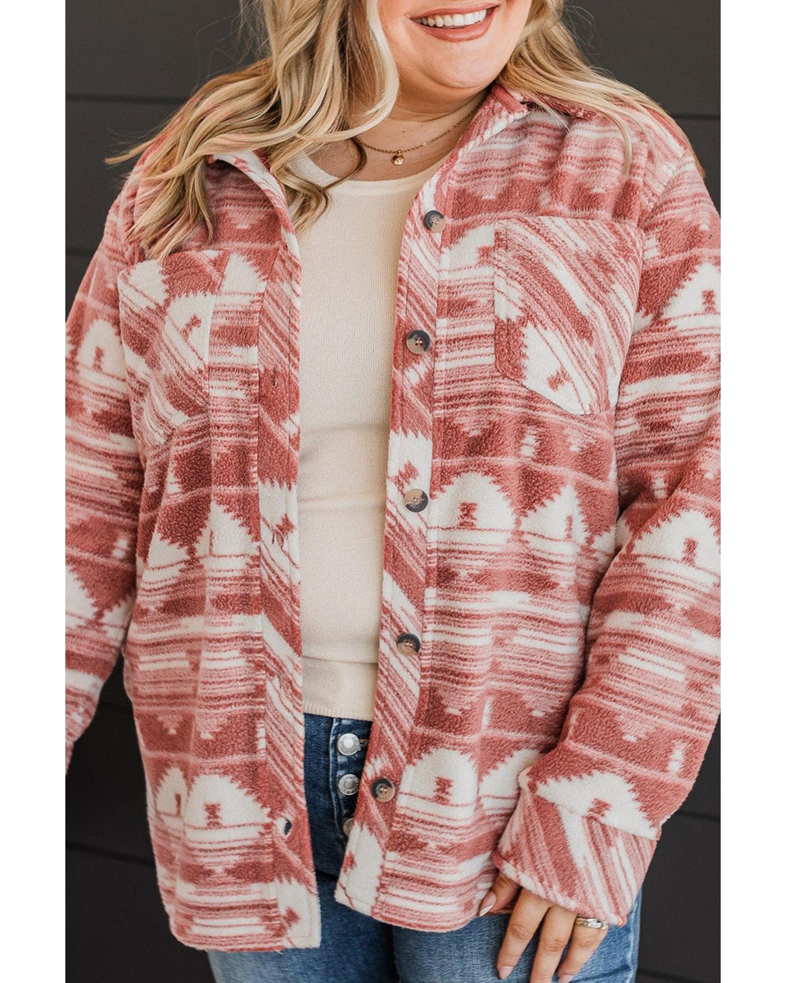 V539-AZEXPL2511657-P1020-3X-202508311410-00 Pink Plus Size Aztec Print Chest Pocket Shacket - 3X - Image 1