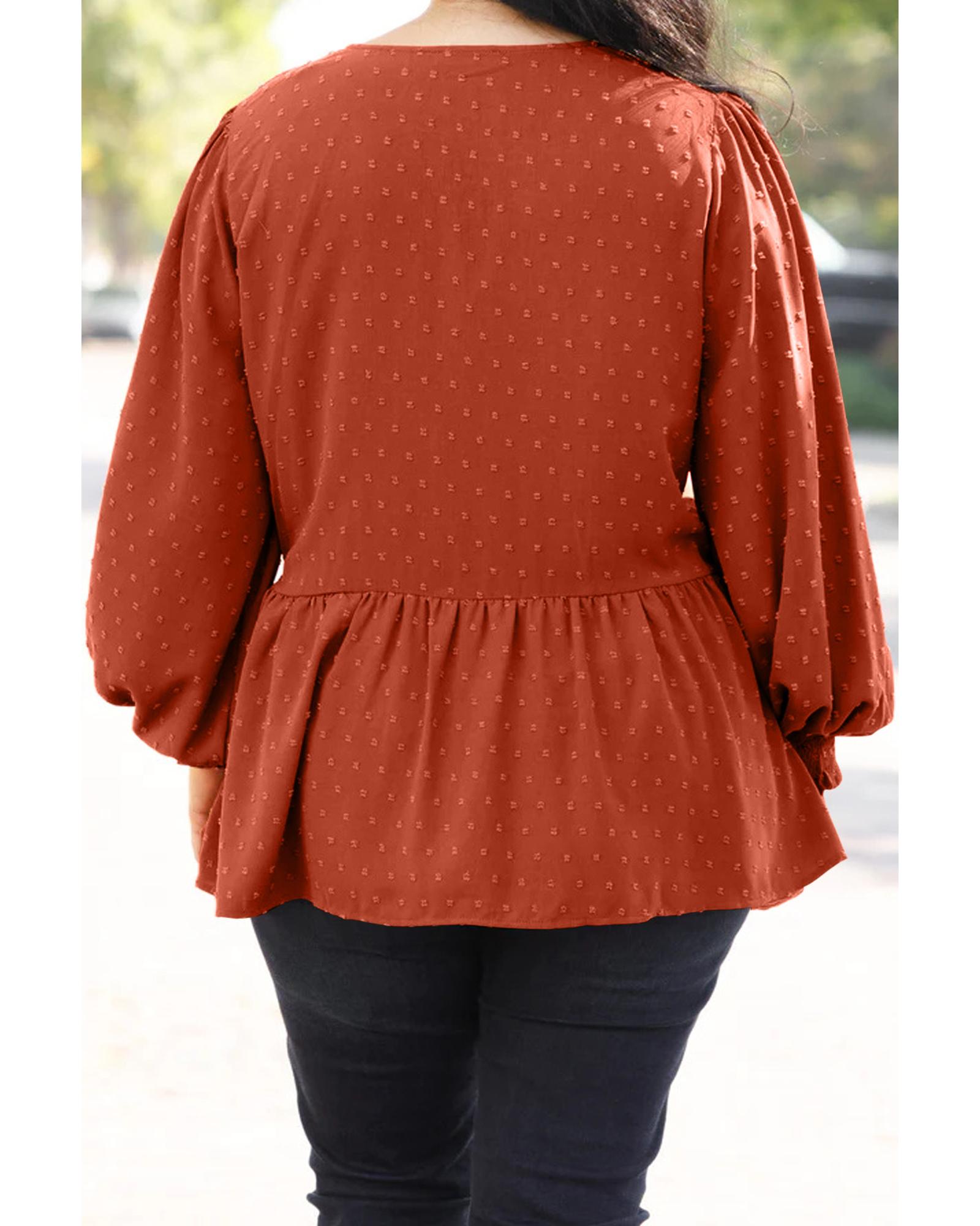 V539-AZEXPL2511786-P5014-1X-202506182054-00 Gold Flame Plus Size Swiss Dot V Neck Wrap Tie Side Blouse - 1X - Image 1