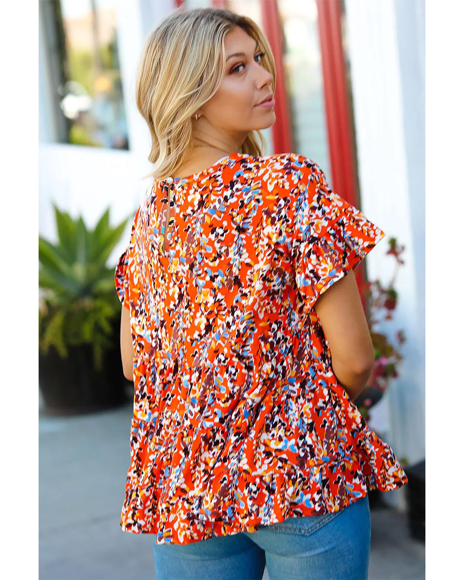 V539-AZEXPL2511788-P1420-1X-202506182106-00 Orange Floral Printed Ruffle Sleeve Curvy Babydoll Blouse - 1X - Image 1