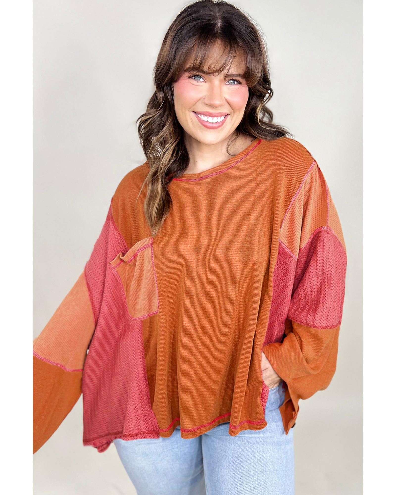 V539-AZEXPL2512552-P1422-1X-202506182135-00 Orange Textured Knit Color Block Patchwork Chest Pocket Plus Size Top - 1X - Image 1