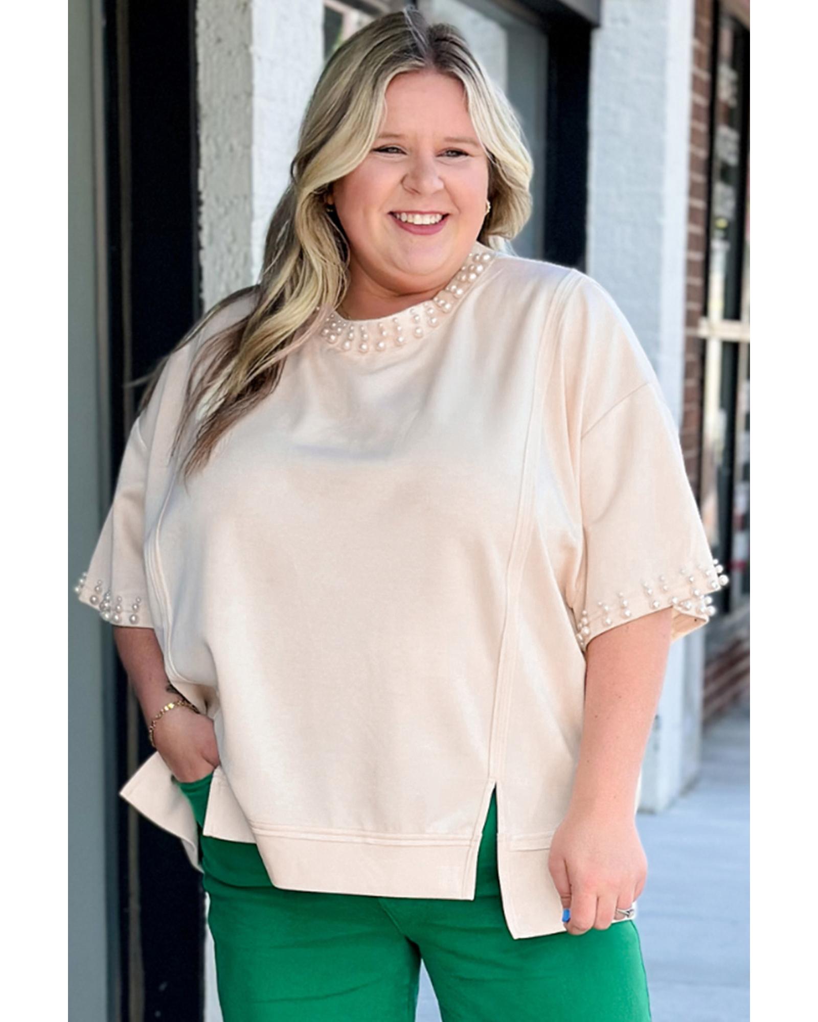 V539-AZEXPL2512653-P15-4X-202508311435-00 Beige Pearl Decor Crew Neck Half Sleeve Plus Size T Shirt - 4X - Image 1