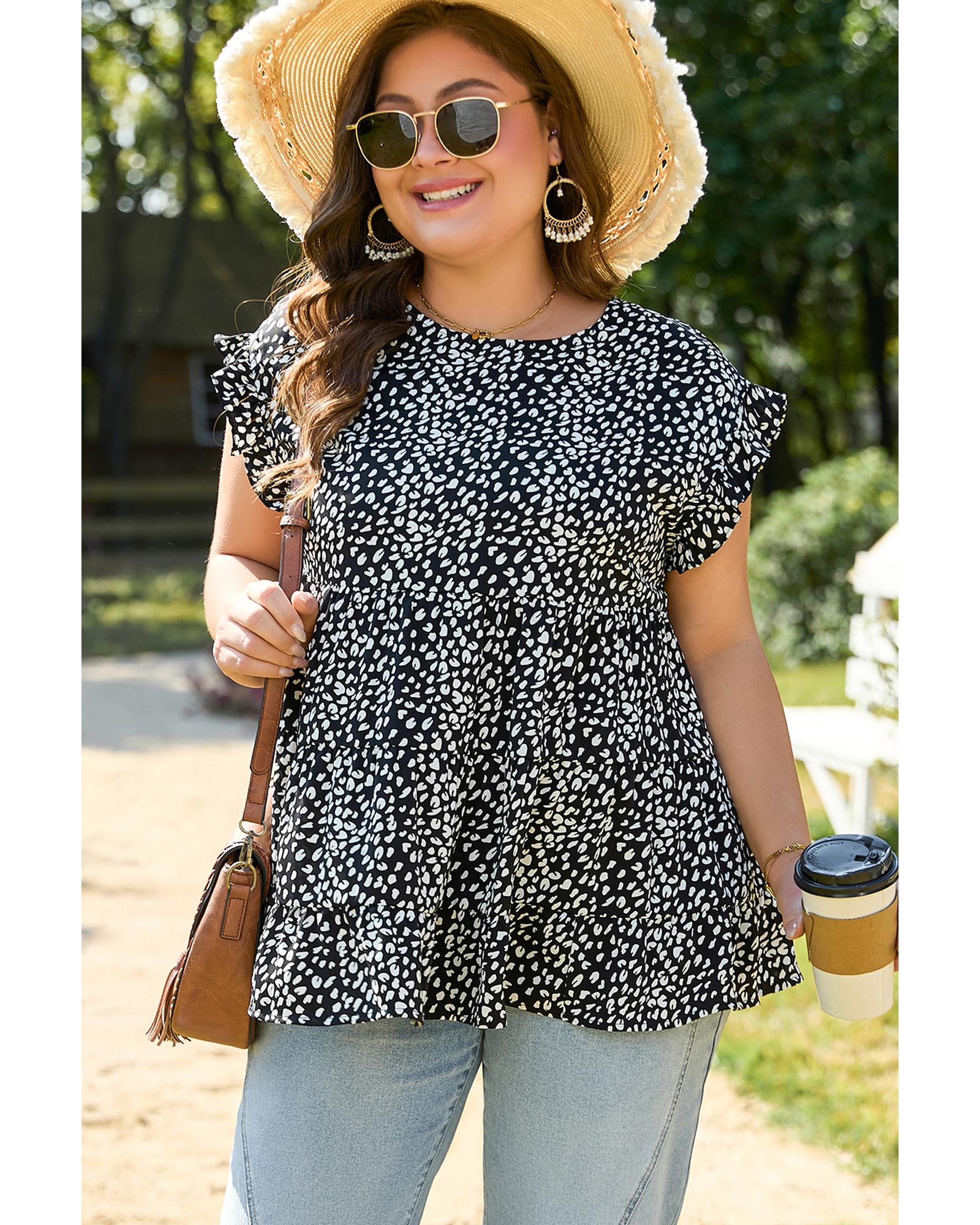 V539-AZEXPL2512667-P220-4X-202508311450-00 Black Leopard Print Ruffled Short Sleeve Keyhole Back Tiered Flowy Plus Size Blouse - 4X - Image 1