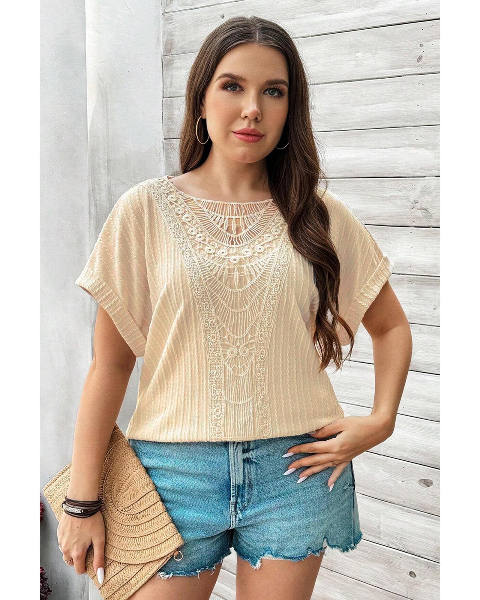 V539-AZEXPL2512731-P15-1X-202506181916-00 Beige Lace Crochet Patched Cable Textured Cuffed Short Sleeve Plus Size Top - 1X - Image 1