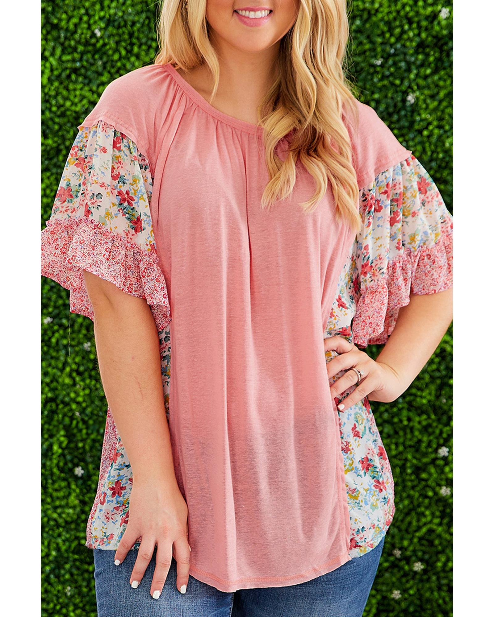 V539-AZEXPL2512788-P1020-2X-202508311350-00 Pink Plus Size Floral Patchwork Ruffled Short Sleeve Blouse - 2X - Image 1