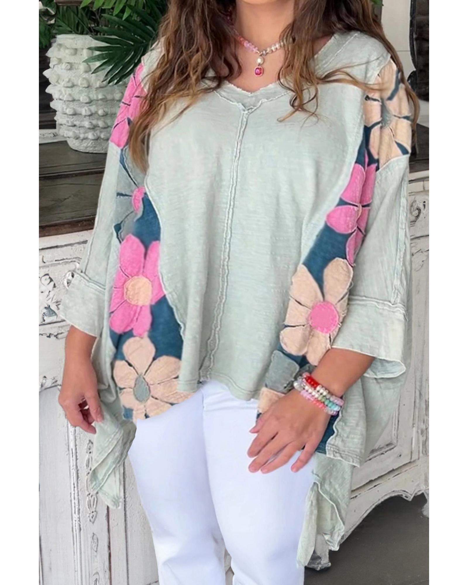 V539-AZEXPL25128140-P922-1X-202506181931-00 Green Plus Size Flower Patchwork Exposed Seam High Low Top - 1X - Image 1