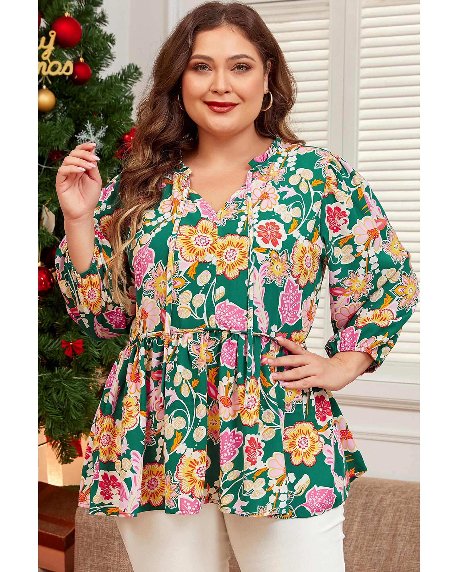 V539-AZEXPL25128411-P920-1X-202506181940-00 Green Floral Tied V Neck Long Sleeve Plus Size Babydoll Top - 1X - Image 1