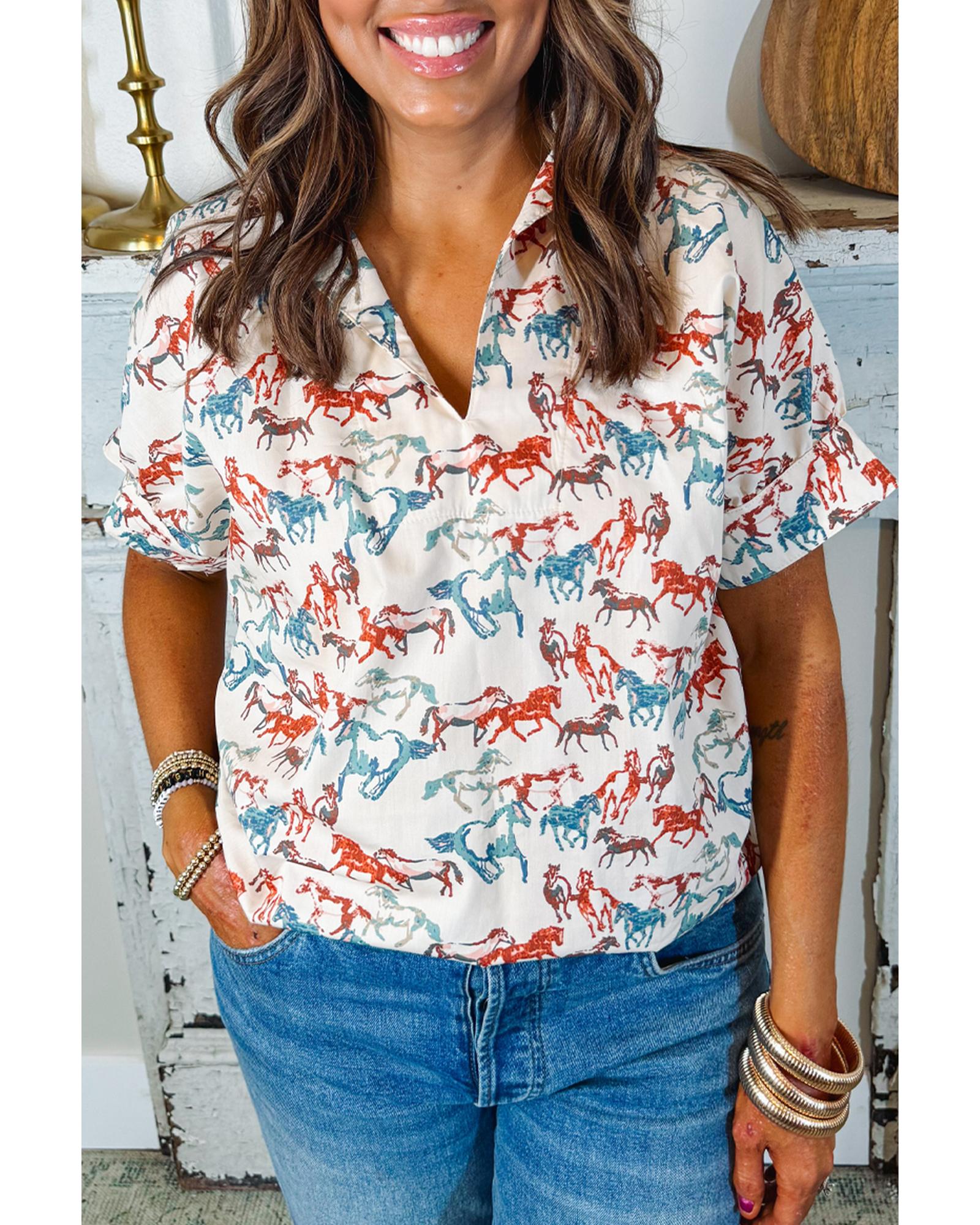 V539-AZEXPL2513173-P120-4X-202508310525-00 White Horse Galloping Allover Print Split Neck Plus Size Blouse - 4X - Image 1