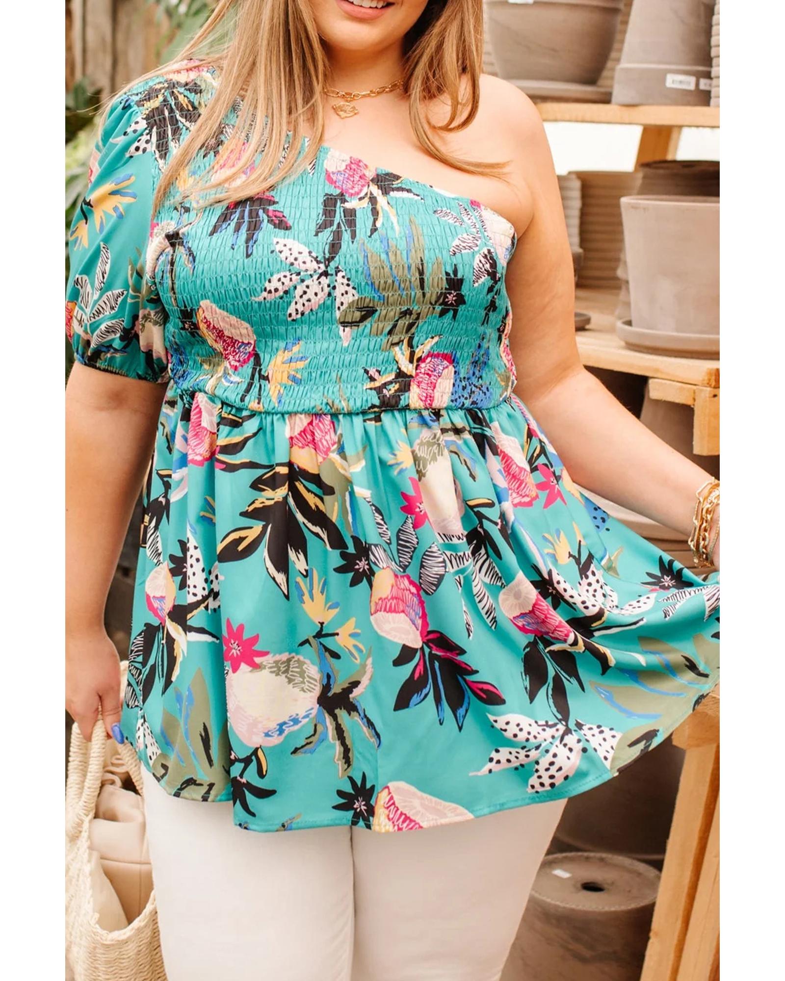 V539-AZEXPL2513239-P920-4X-202508311150-00 Green Plus Size Floral Smocked Bodice Single Puff Short Sleeve Babydoll Blouse - 4X - Image 1