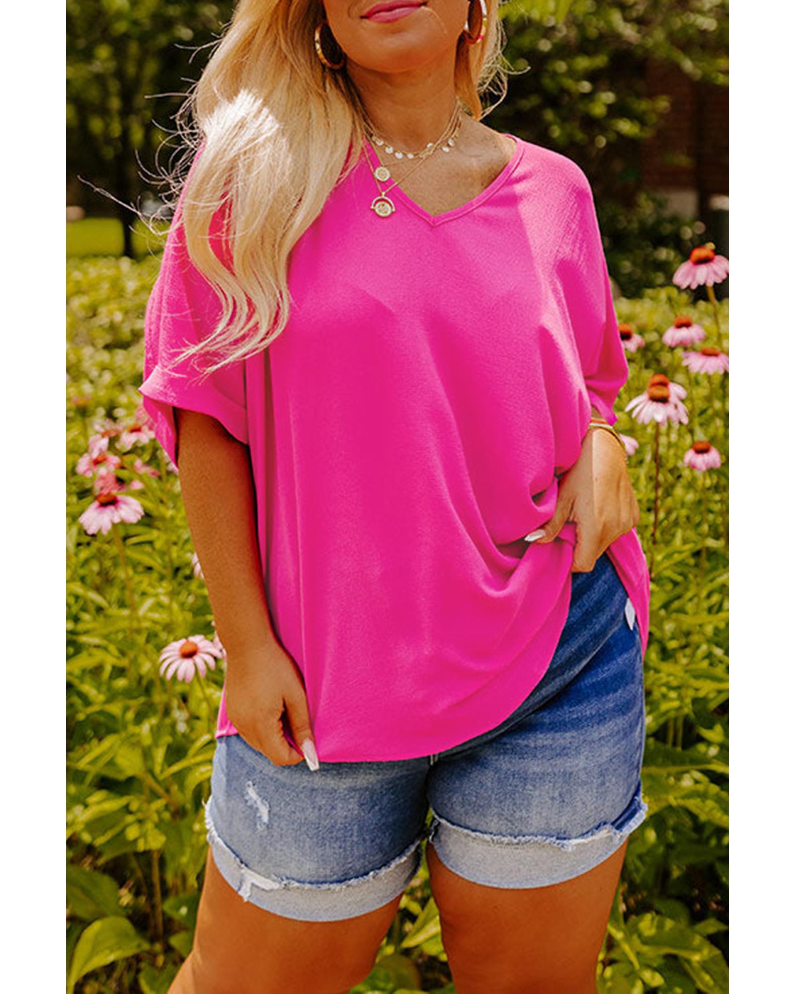 V539-AZEXPL2513323-P106-3X-202508310545-00 Bright Pink Seamed Back High Low Hem V Neck Cuffed Sleeve Plus Size Tee - 3X - Image 1