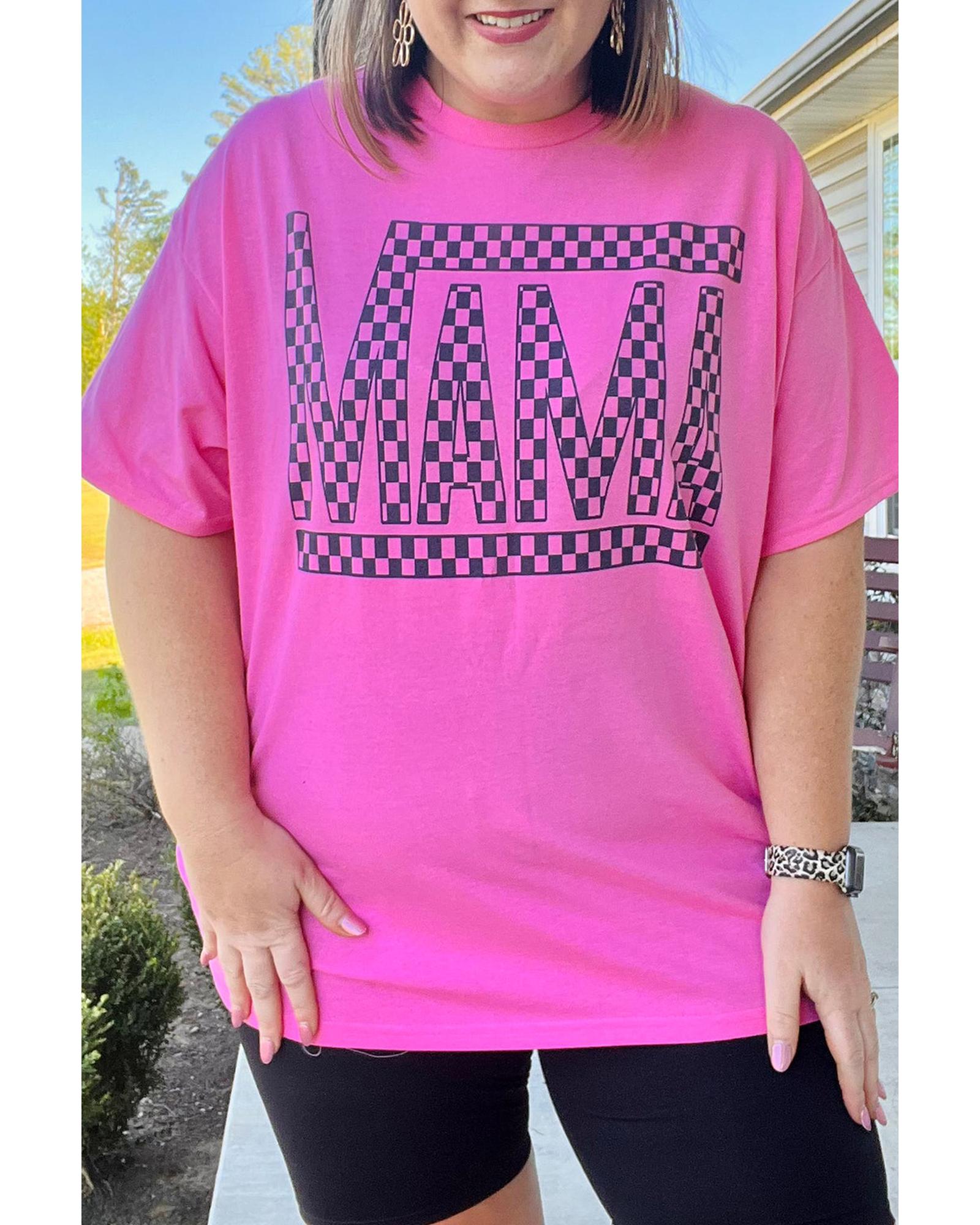 V539-AZEXPL2521577-P106-4X-202508310950-00 Bright Pink Checker MAMA Letter Printed Graphic Plus Size T Shirt - 4X - Image 1