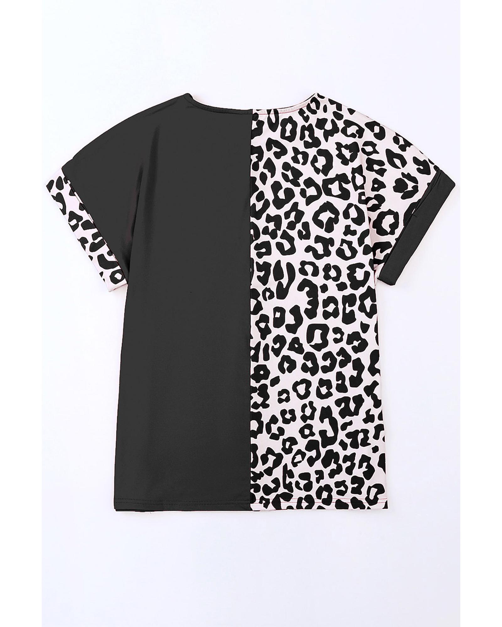 V539-AZEXPL252319-2-2X-202508310450-00 Black Half Leopard Patchwork Plus Size T-shirt - 2X - Image 1