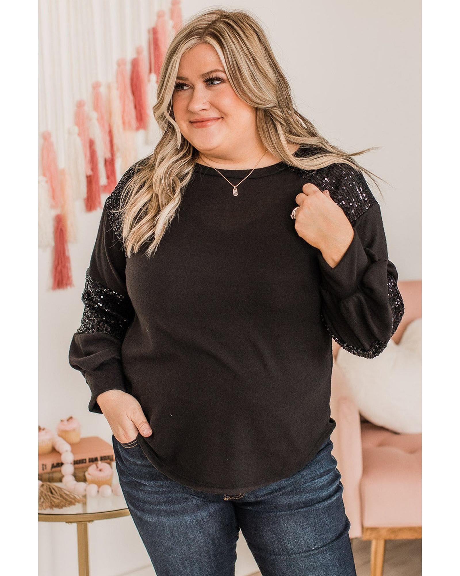 V539-AZEXPL252345-2-2X-202508310530-00 Black Plus Size Sequin Patchwork Crew Neck Long Sleeve Top - 2X - Image 1