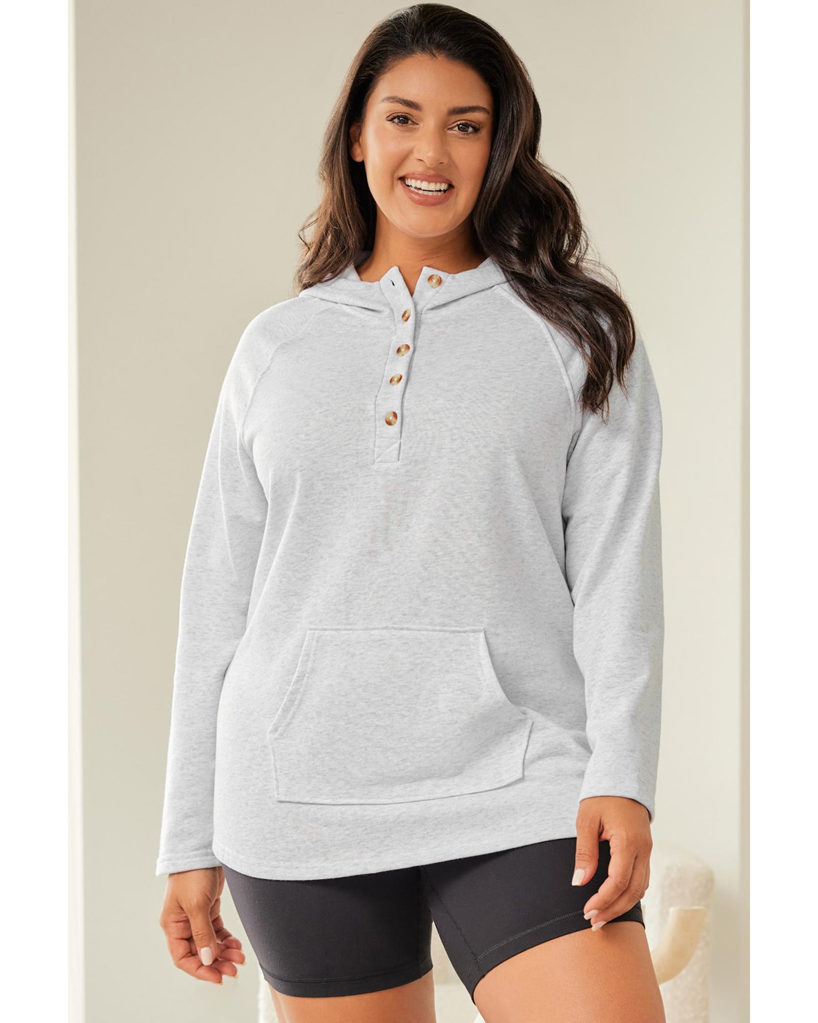 V539-AZEXPL253149-11-1X-202506190012-00 Gray Plus Size Kangaroo Pocket Henley Button Hoodie - 1X - Image 1