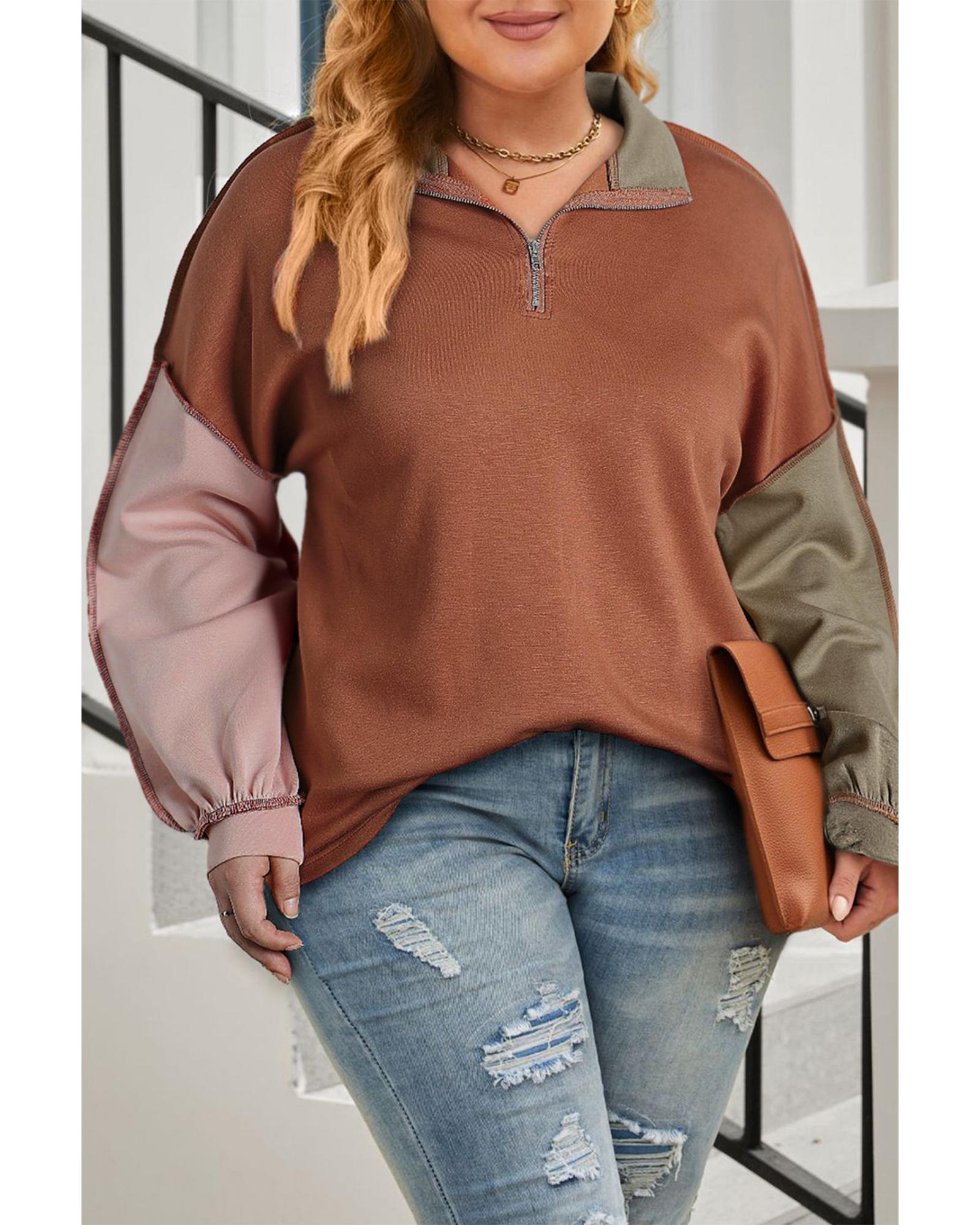 V539-AZEXPL25315011-P5014-1X-202506190015-00 Gold Flame Plus Size Colorblock Exposed Seam Quarter Zip Sweatshirt - 1X - Image 1