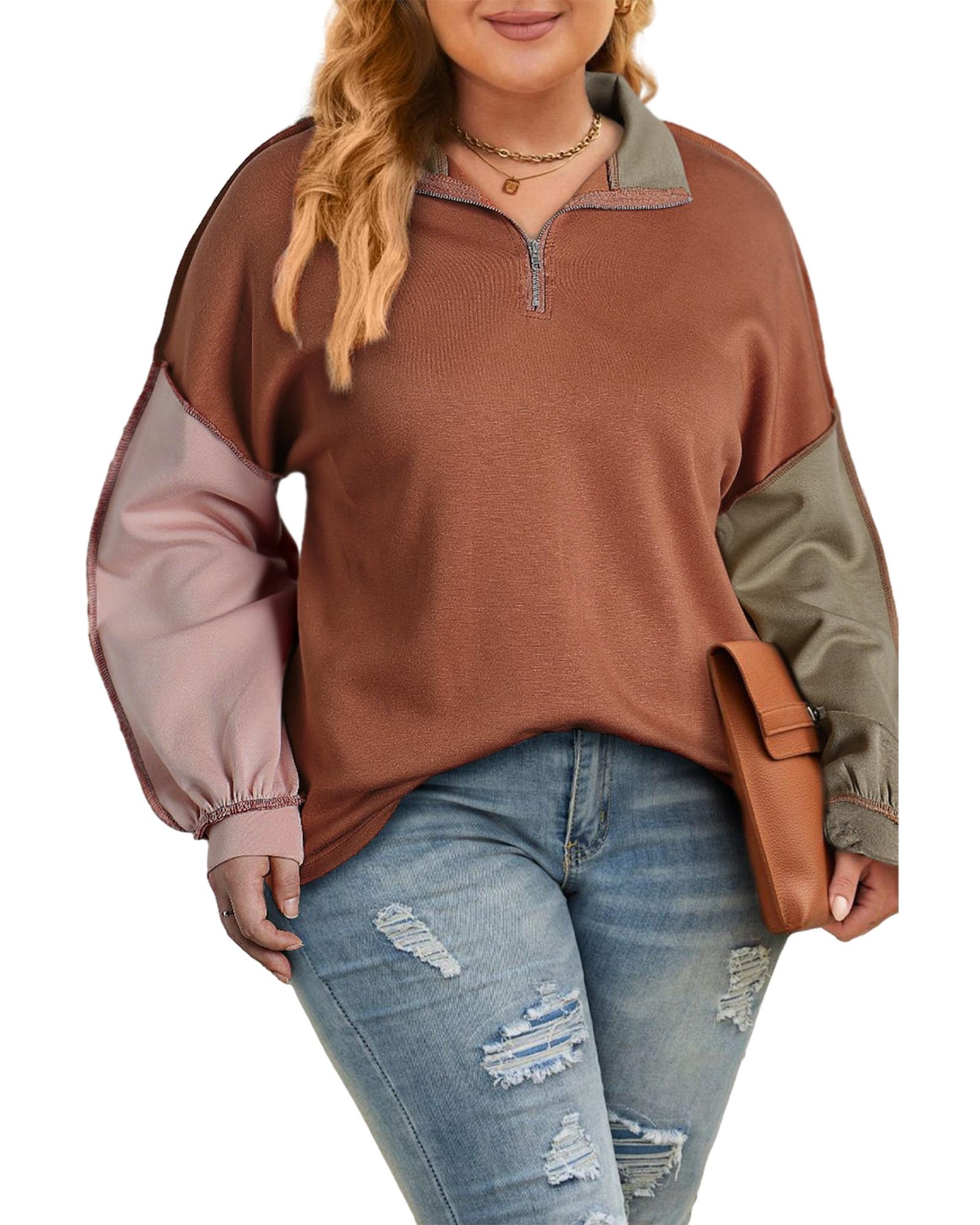 V539-AZEXPL25315011-P5014-3X-202508311155-00 Gold Flame Plus Size Colorblock Exposed Seam Quarter Zip Sweatshirt - 3X - Image 1