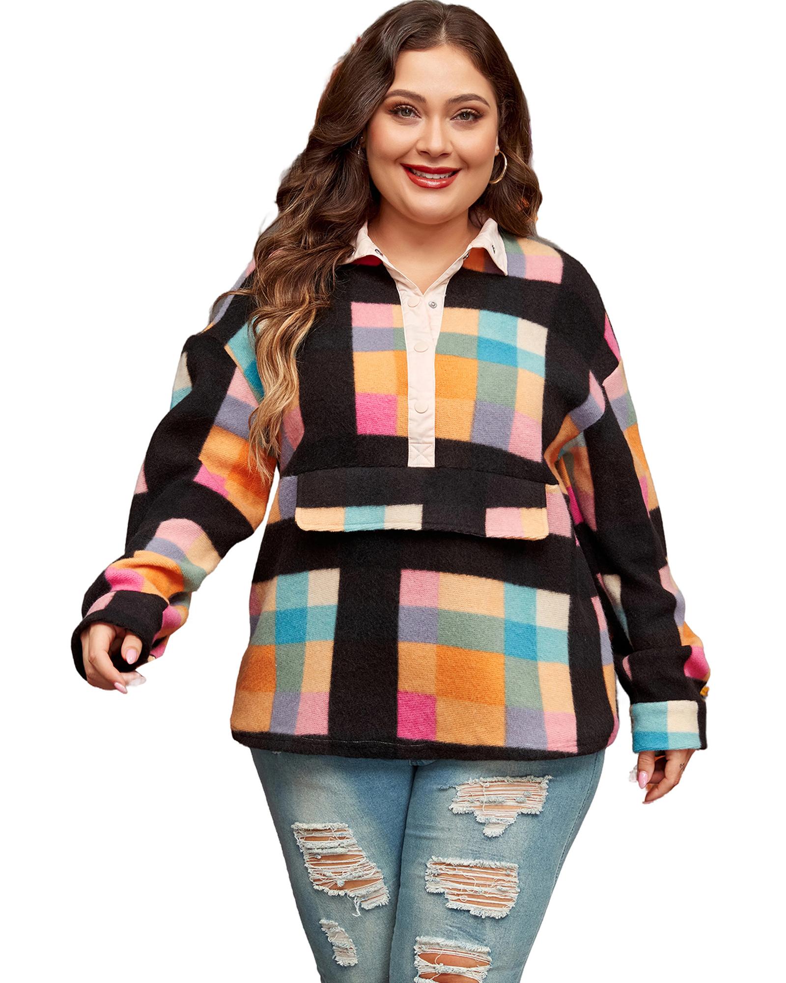 V539-AZEXPL253166-P222-3X-202508311320-00 Black Plus Size Checkered Print Sherpa Henley Sweatshirt - 3X - Image 1