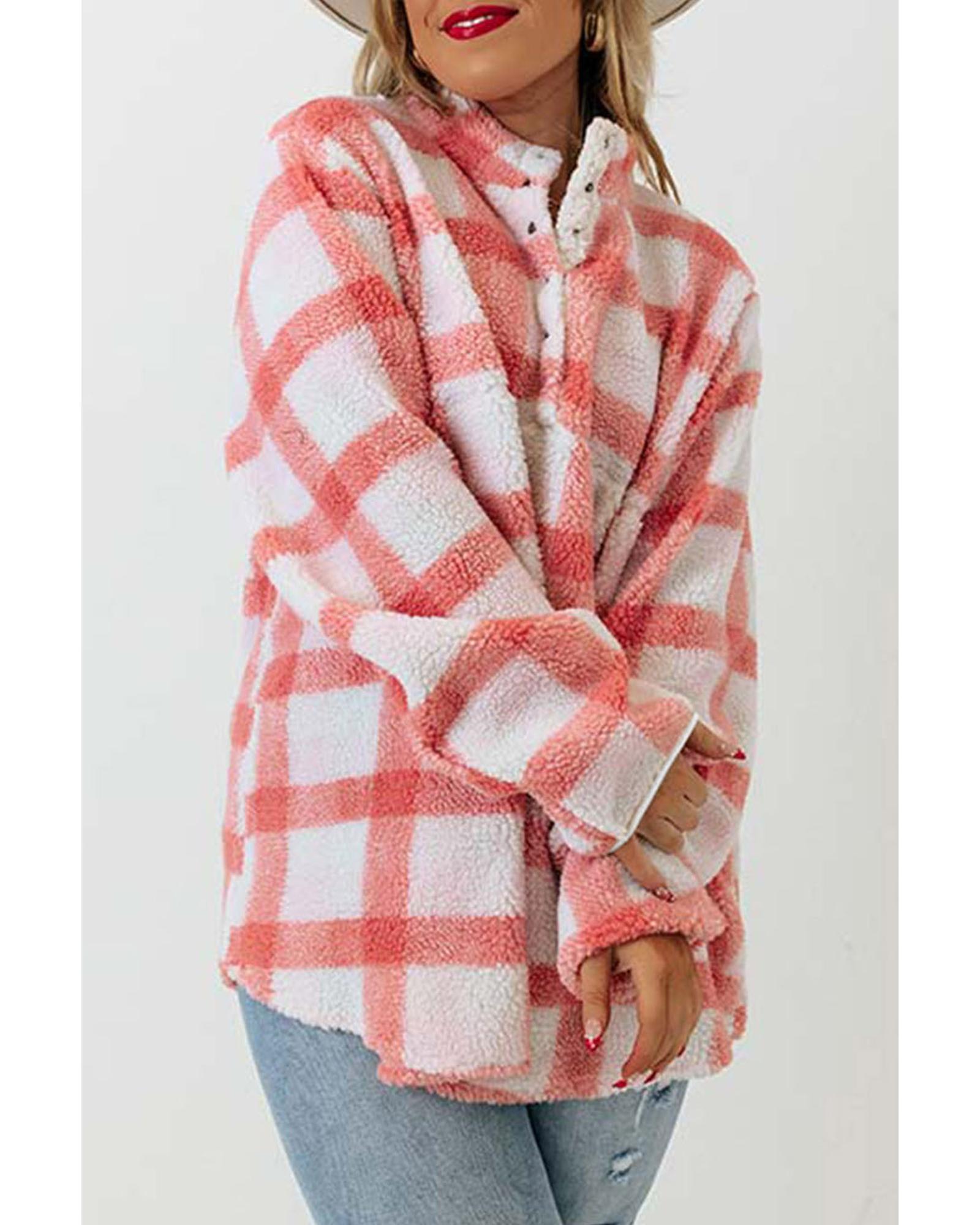 V539-AZEXPL253221-10-3X-202508311455-00 Pink Plus Size Tunic Plaid Sherpa Henley Sweatshirt - 3X - Image 1
