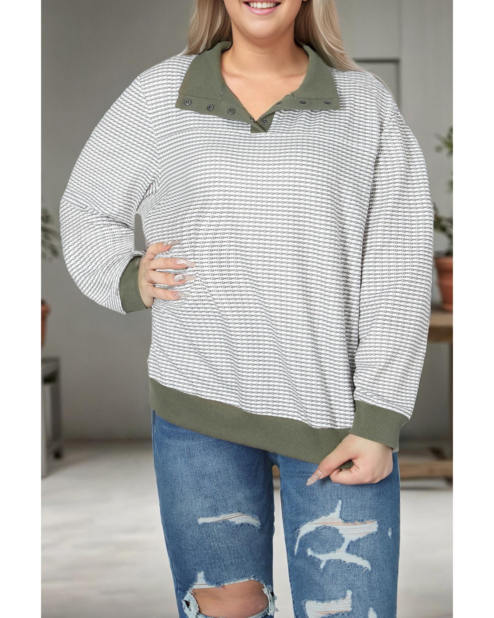 V539-AZEXPL253231-9-2X-202508311550-00 Green Striped Contrasting Trim Plus Size Henley Pullover - 2X - Image 1