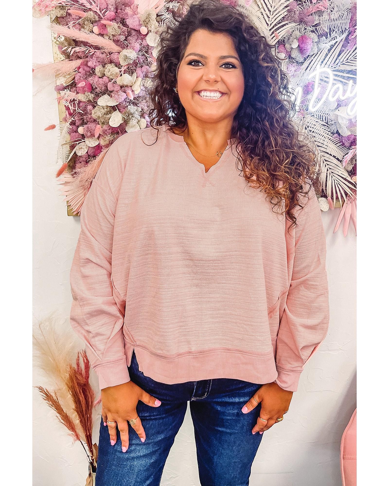 V539-AZEXPL253268-10-2X-202508311555-00 Pink Raw Cut Notched Neck Plus Size French Terry Hoodie - 2X - Image 1