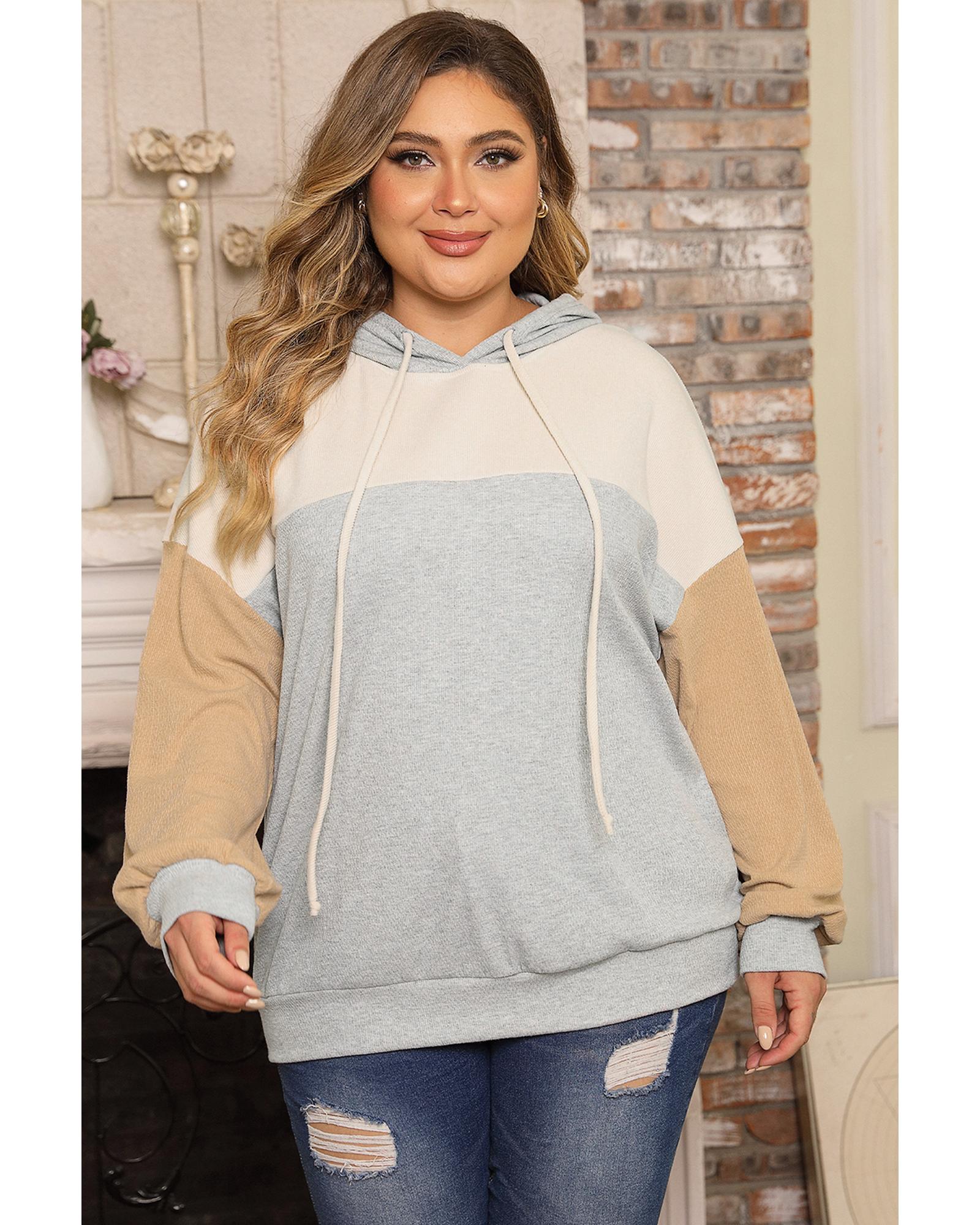 V539-AZEXPL253270-P22-1X-202506182220-00 Multicolour Plus Size Colorblock Drop Shoulder Ribbed Knit Hoodie - 1X - Image 1