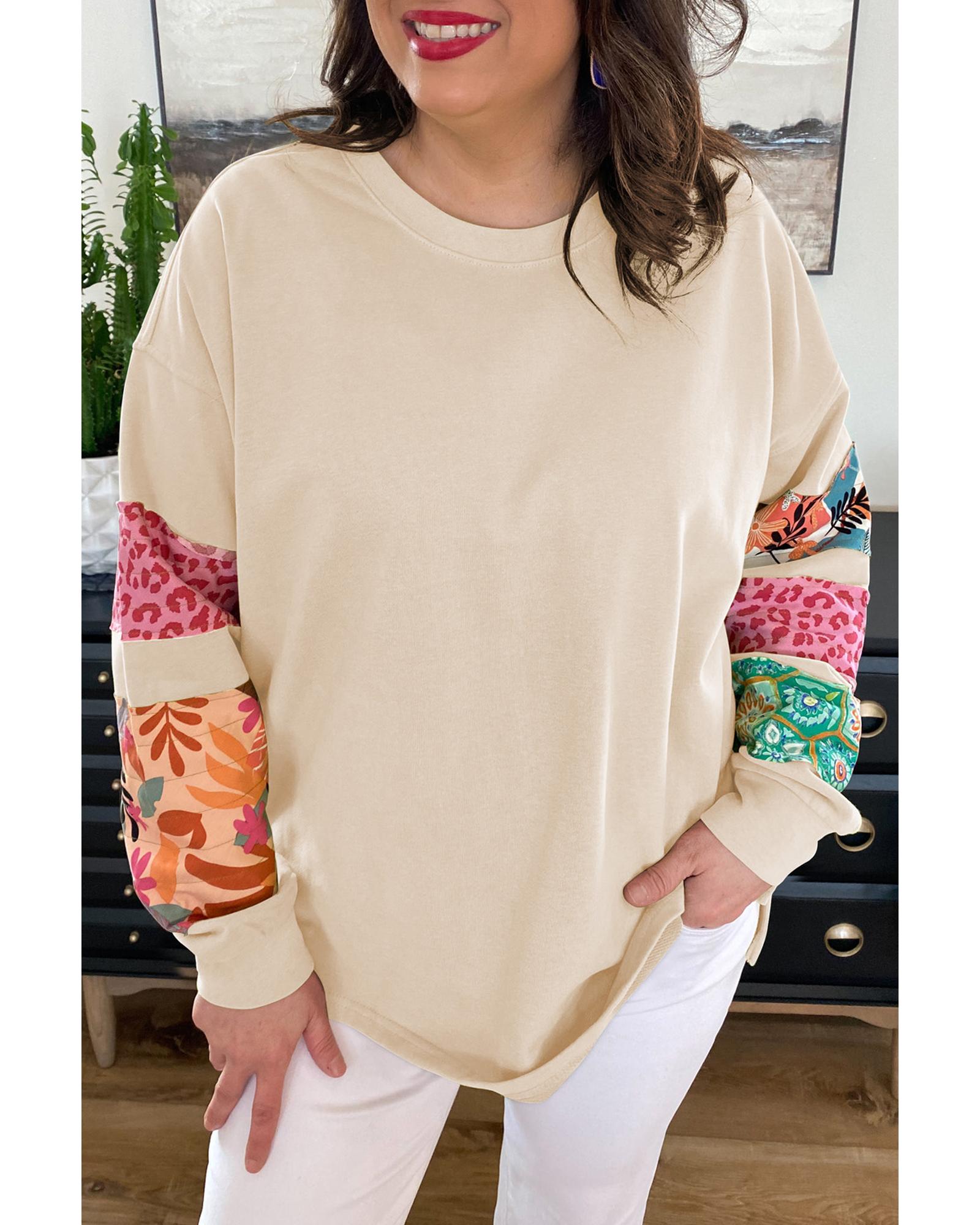V539-AZEXPL253596-P15-4X-202508300800-00 Beige Plus Size Printed Patchwork Sleeve Split Sweatshirt - 4X - Image 1