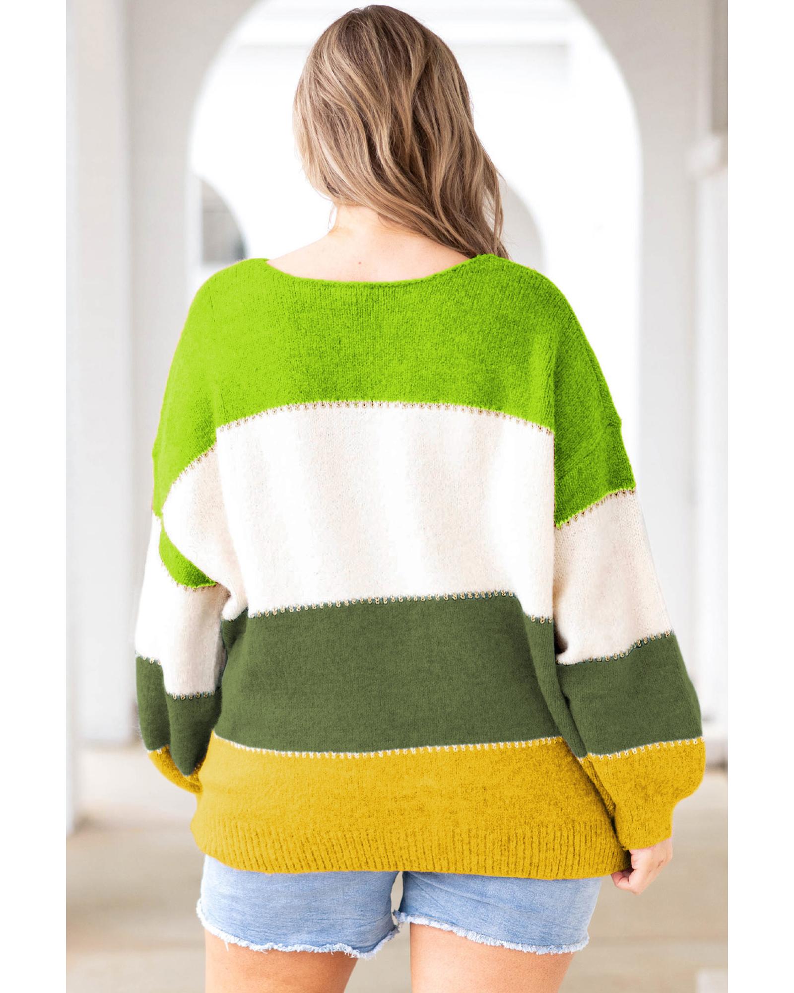 V539-AZEXPL272105-9-2X-202508300755-00 Green Plus Size Color Block Patchwork Sweater - 2X - Image 1