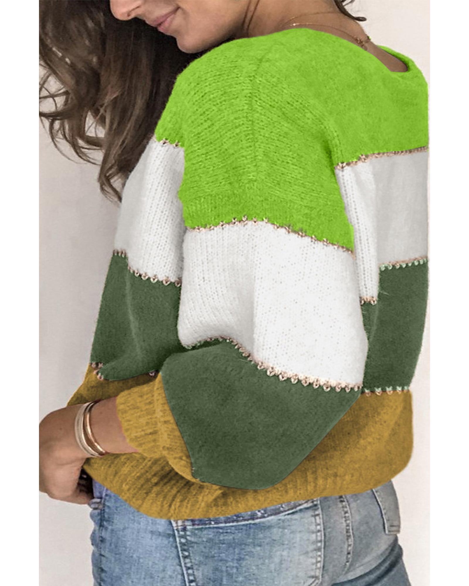 V539-AZEXPL272105-9-3X-202508300755-00 Green Plus Size Color Block Patchwork Sweater - 3X - Image 1
