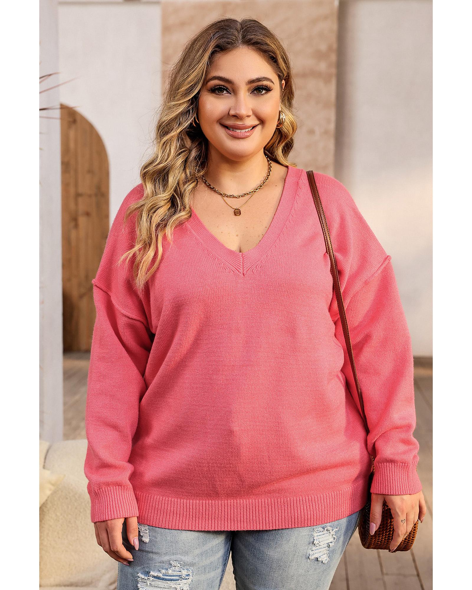 V539-AZEXPL272112-10-3X-202508300830-00 Pink Plus Size Drop Shoulder V Neck Sweater - 3X - Image 1