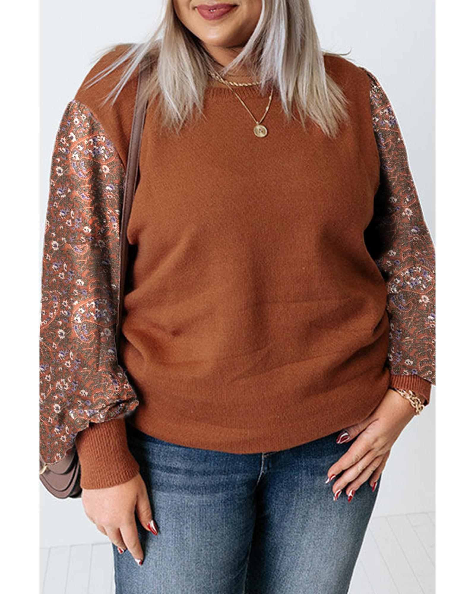 V539-AZEXPL272116-17-1X-202506151811-02 Brown Plus Size Printed Splicing Sleeve Ribbed Trim Sweater - 1X - Image 3