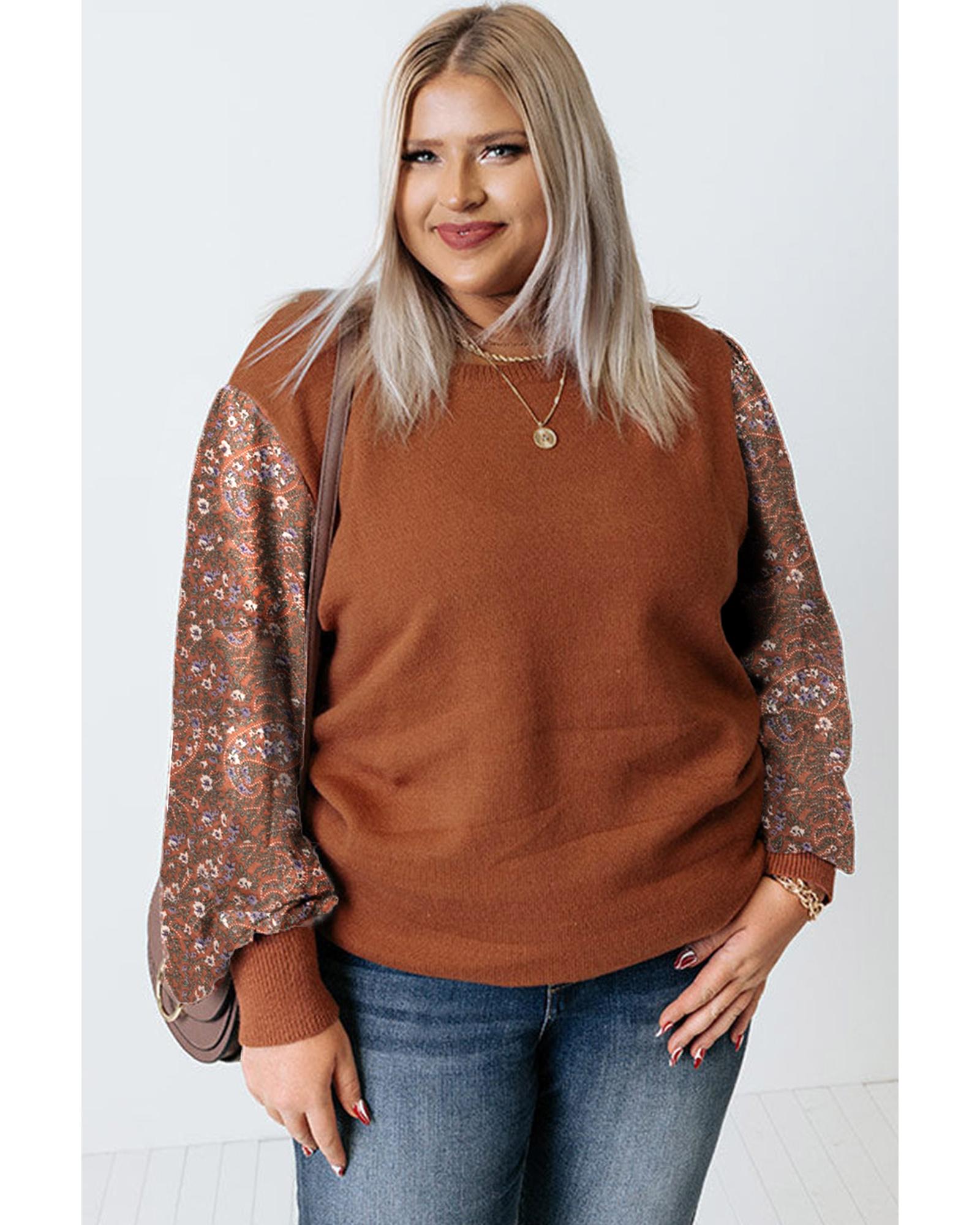 V539-AZEXPL272116-17-1X-202506151811-03 Brown Plus Size Printed Splicing Sleeve Ribbed Trim Sweater - 1X - Image 4