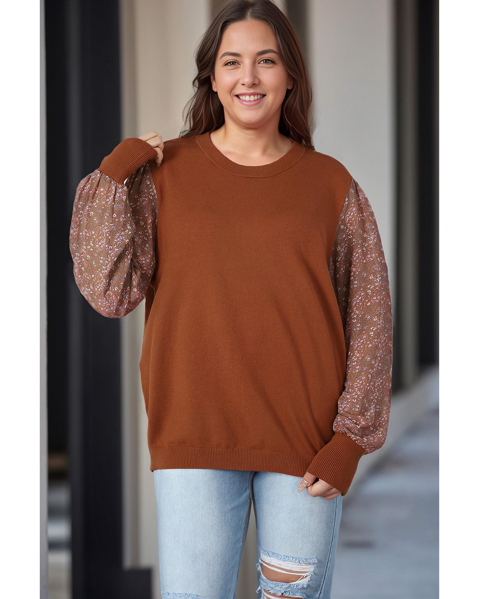 V539-AZEXPL272116-17-1X-202506151811-05 Brown Plus Size Printed Splicing Sleeve Ribbed Trim Sweater - 1X - Image 6