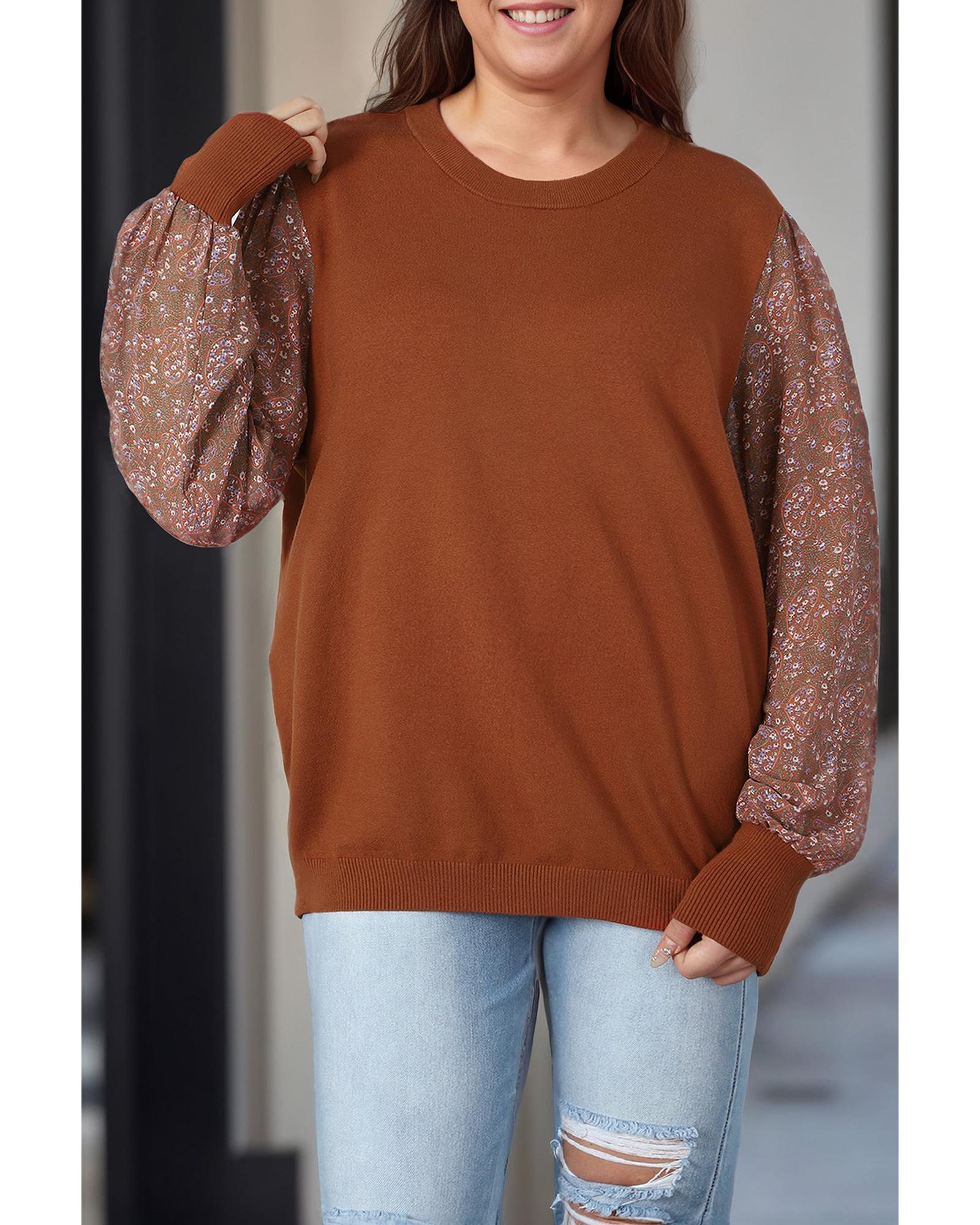 V539-AZEXPL272116-17-2X-202508301030-01 Brown Plus Size Printed Splicing Sleeve Ribbed Trim Sweater - 2X - Image 2