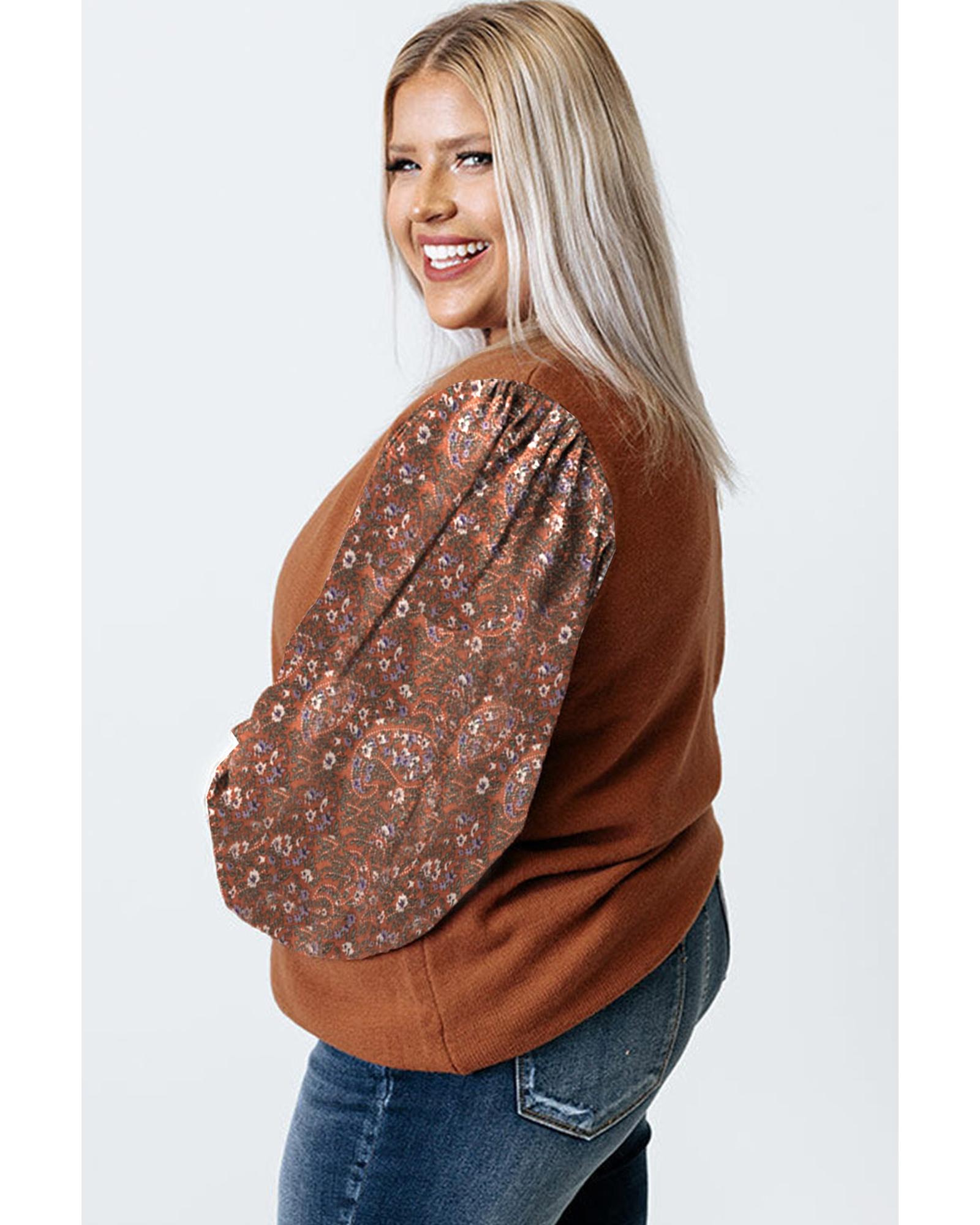 V539-AZEXPL272116-17-2X-202508301030-04 Brown Plus Size Printed Splicing Sleeve Ribbed Trim Sweater - 2X - Image 5