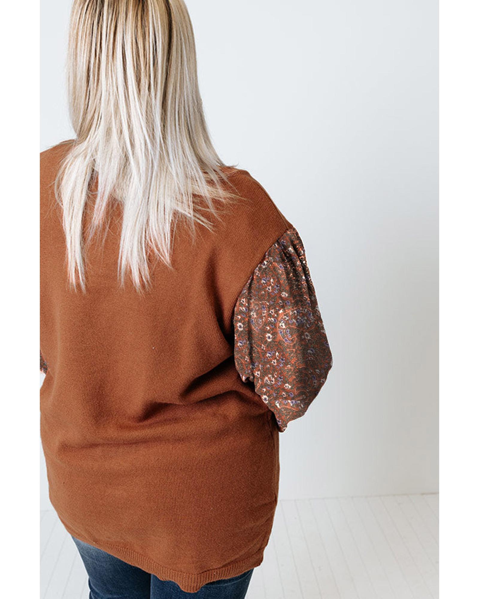 V539-AZEXPL272116-17-2X-202508301030-06 Brown Plus Size Printed Splicing Sleeve Ribbed Trim Sweater - 2X - Image 7