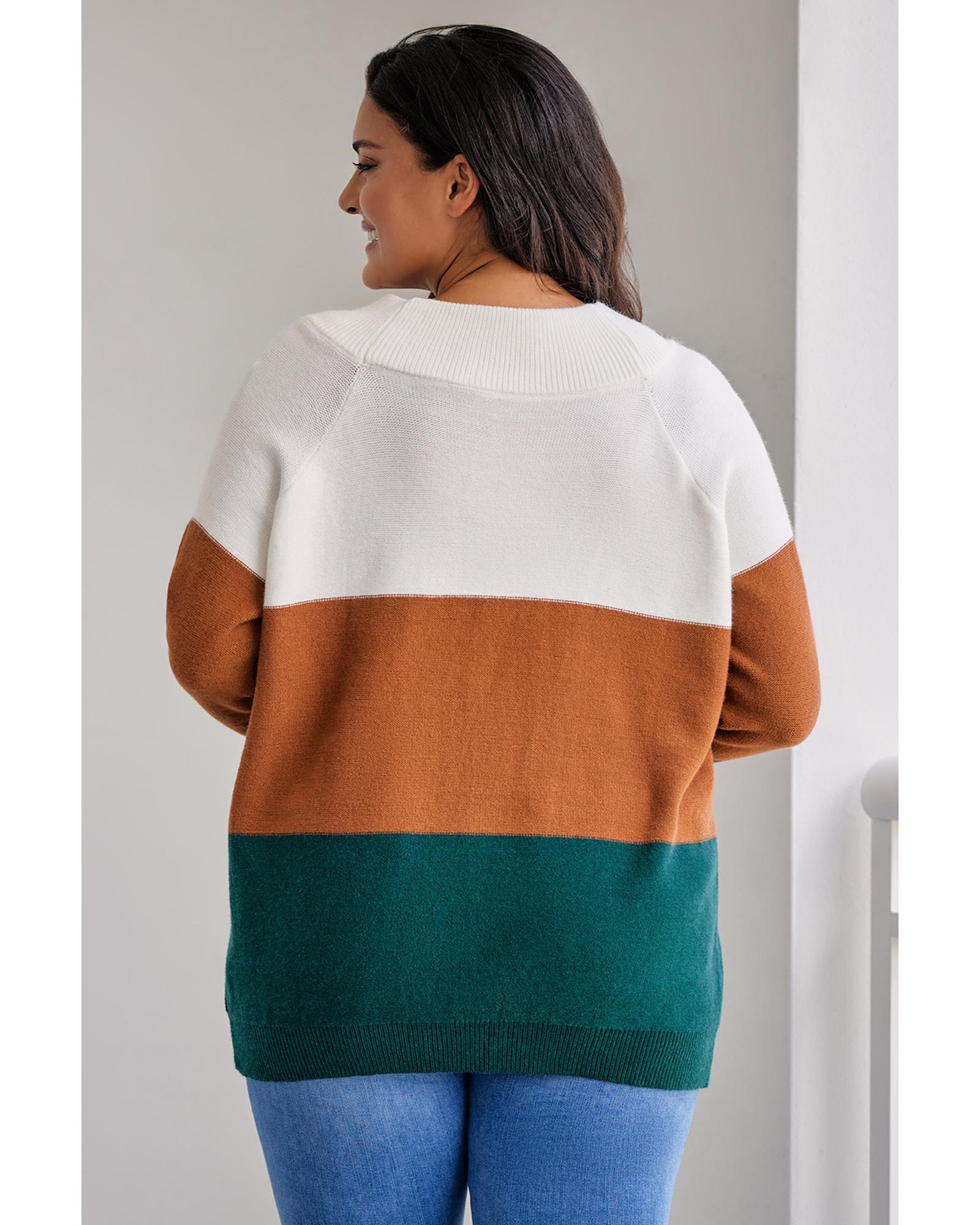 V539-AZEXPL272119-17-1X-202506151812-02 Brown Plus Size Ribbed Trim Color Block Sweater - 1X - Image 3