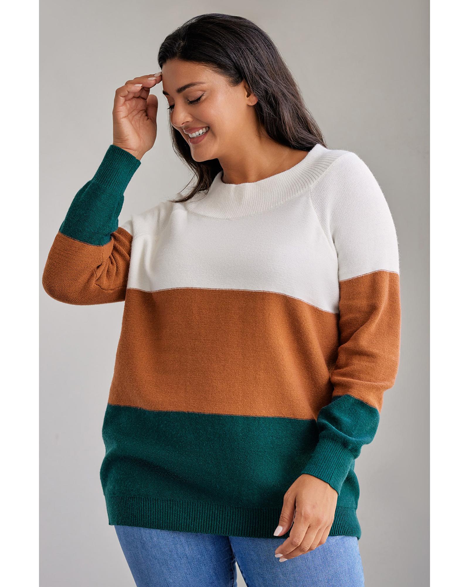 V539-AZEXPL272119-17-2X-202508301040-03 Brown Plus Size Ribbed Trim Color Block Sweater - 2X - Image 4