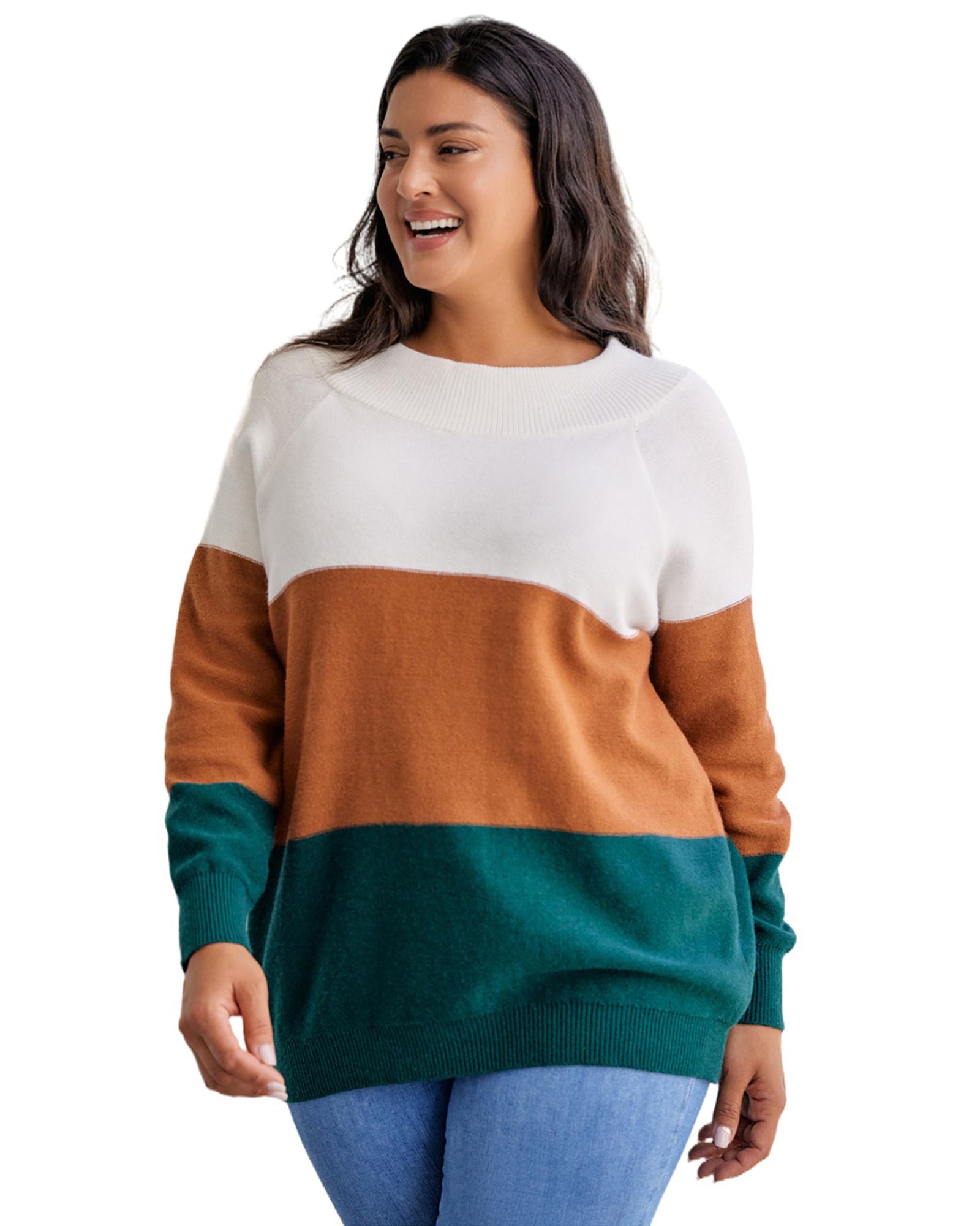 V539-AZEXPL272119-17-3X-202508301050-01 Brown Plus Size Ribbed Trim Color Block Sweater - 3X - Image 2