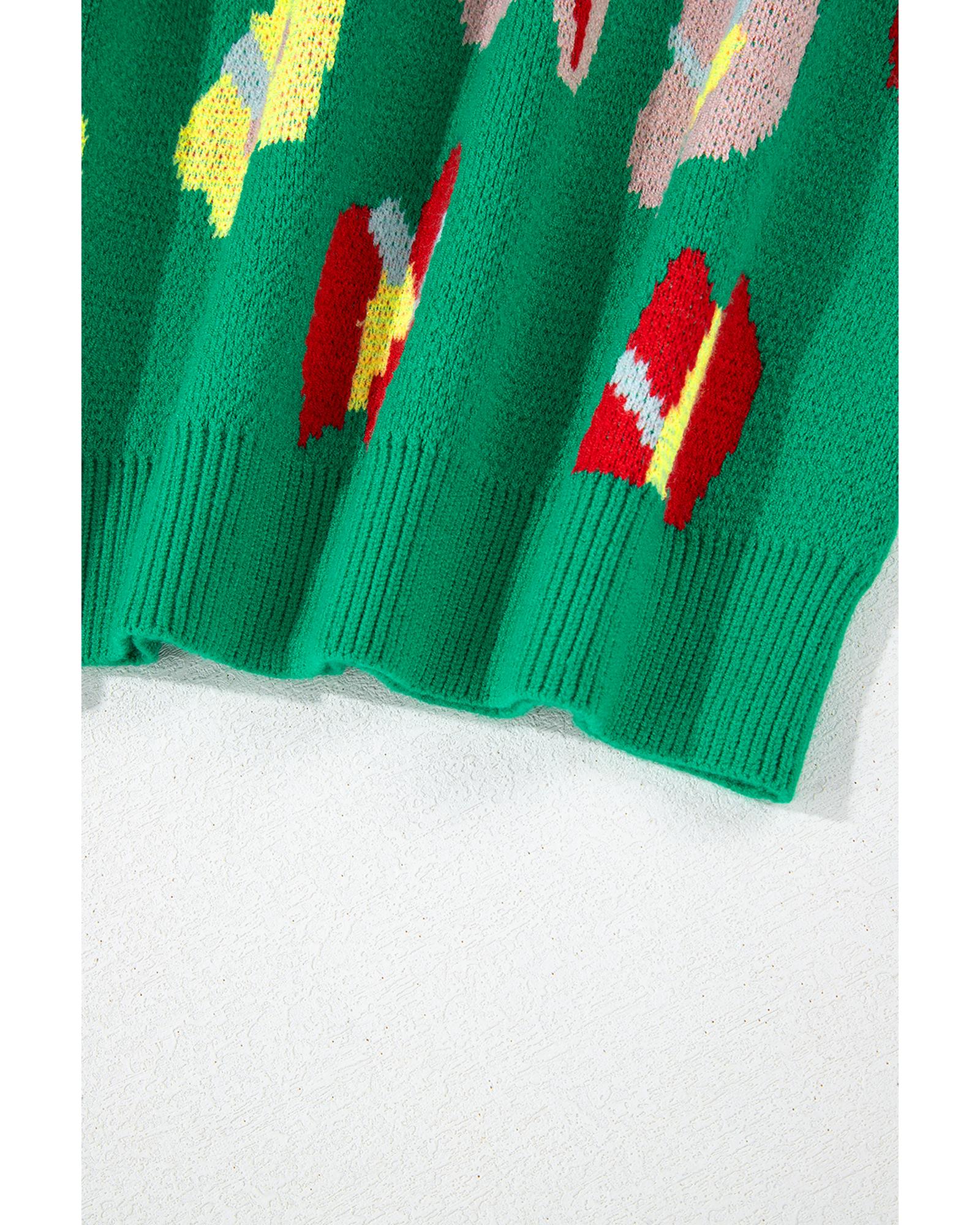 V539-AZEXPL272328-P920-4X-202508301750-00 Green Plus Size Floral Knitted Ribbed Edge Drop Shoulder Sweater - 4X - Image 1