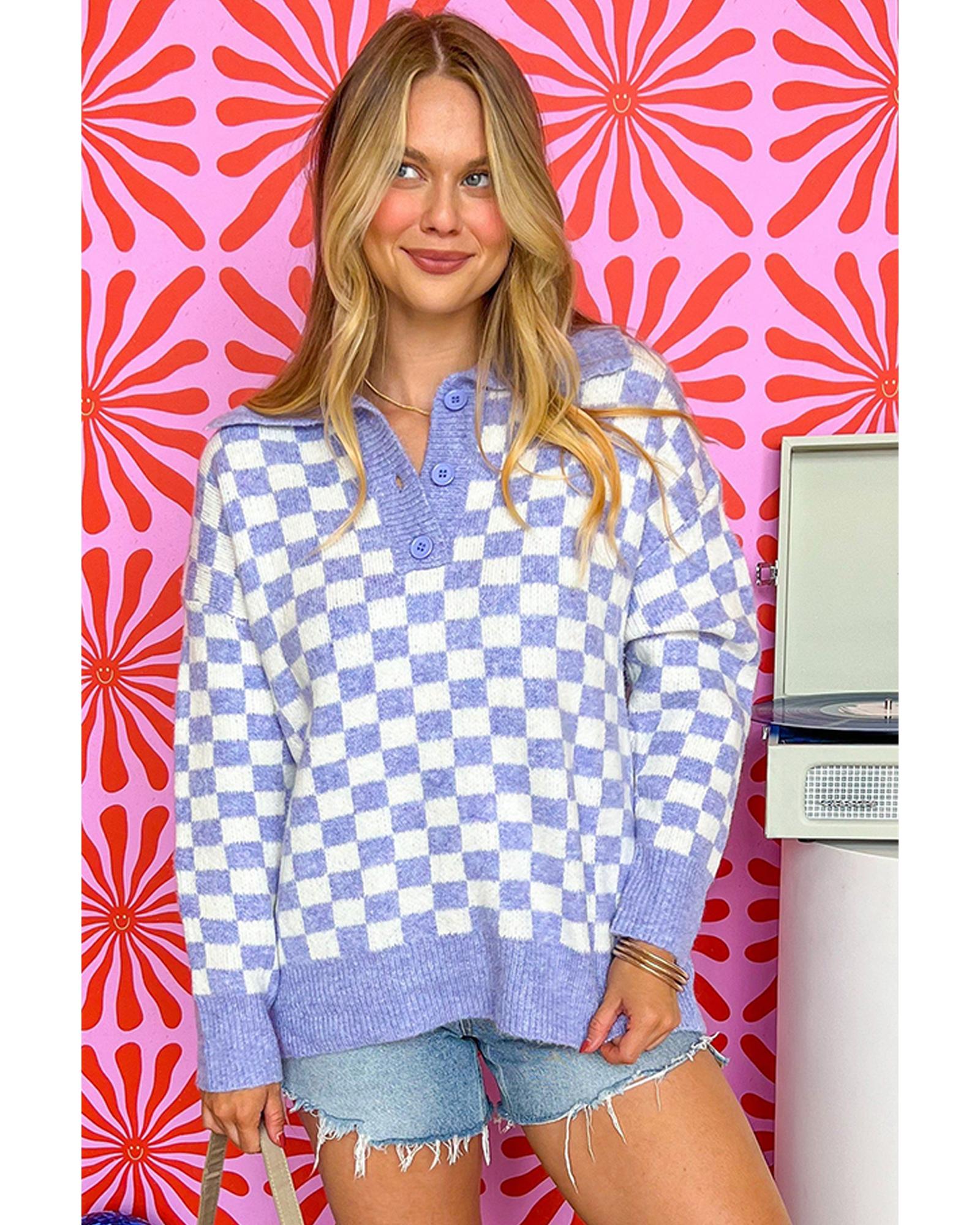 V539-AZEXPL272422-P822-3X-202508302040-00 Purple Checkered Collared Buttons Plus Size Sweater - 3X - Image 1