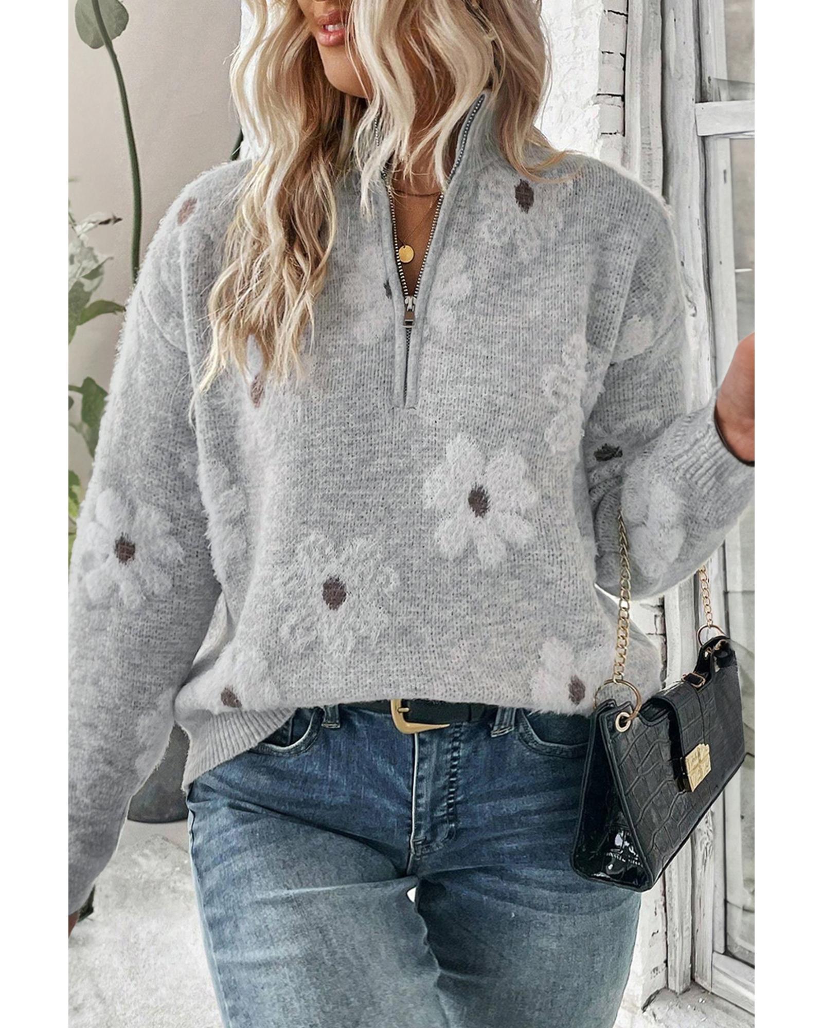 V539-AZEXPL2725102-P1122-2X-202508310100-00 Gray Plus Size Embroidered Floral Pattern Half Zip Sweater - 2X - Image 1
