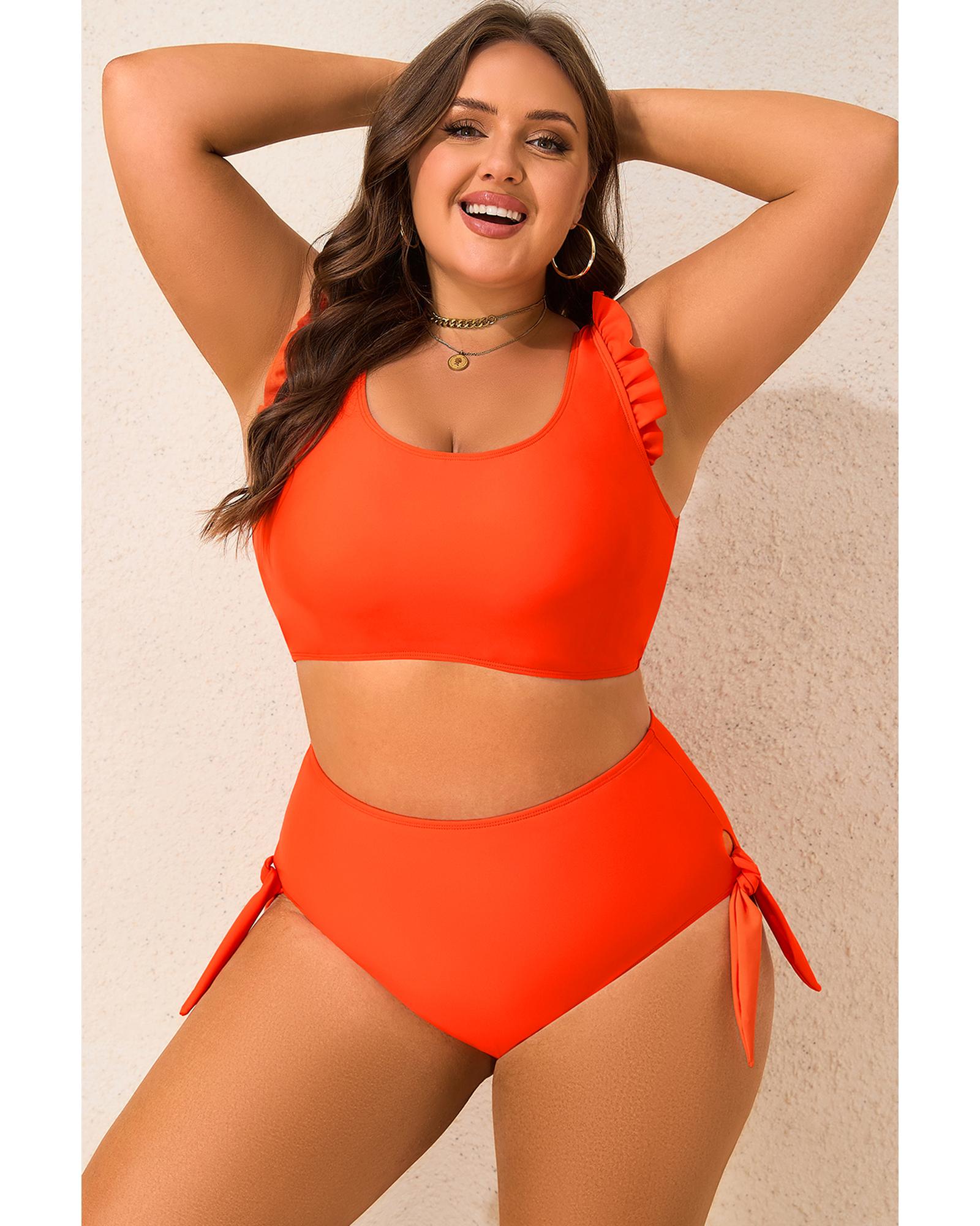 V539-AZEXPL43023-P14-2X-202508302010-00 Orange Ruffled Trim Knotted High Waist Plus Size Bikini Set - 2X - Image 1