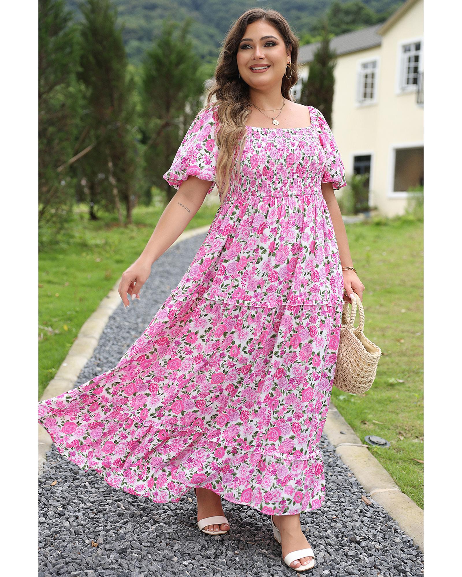 V539-AZEXPL611560-P1020-2X-202508301515-00 Pink Plus Size Floral Print Smocked Puff Sleeve Dress - 2X - Image 1