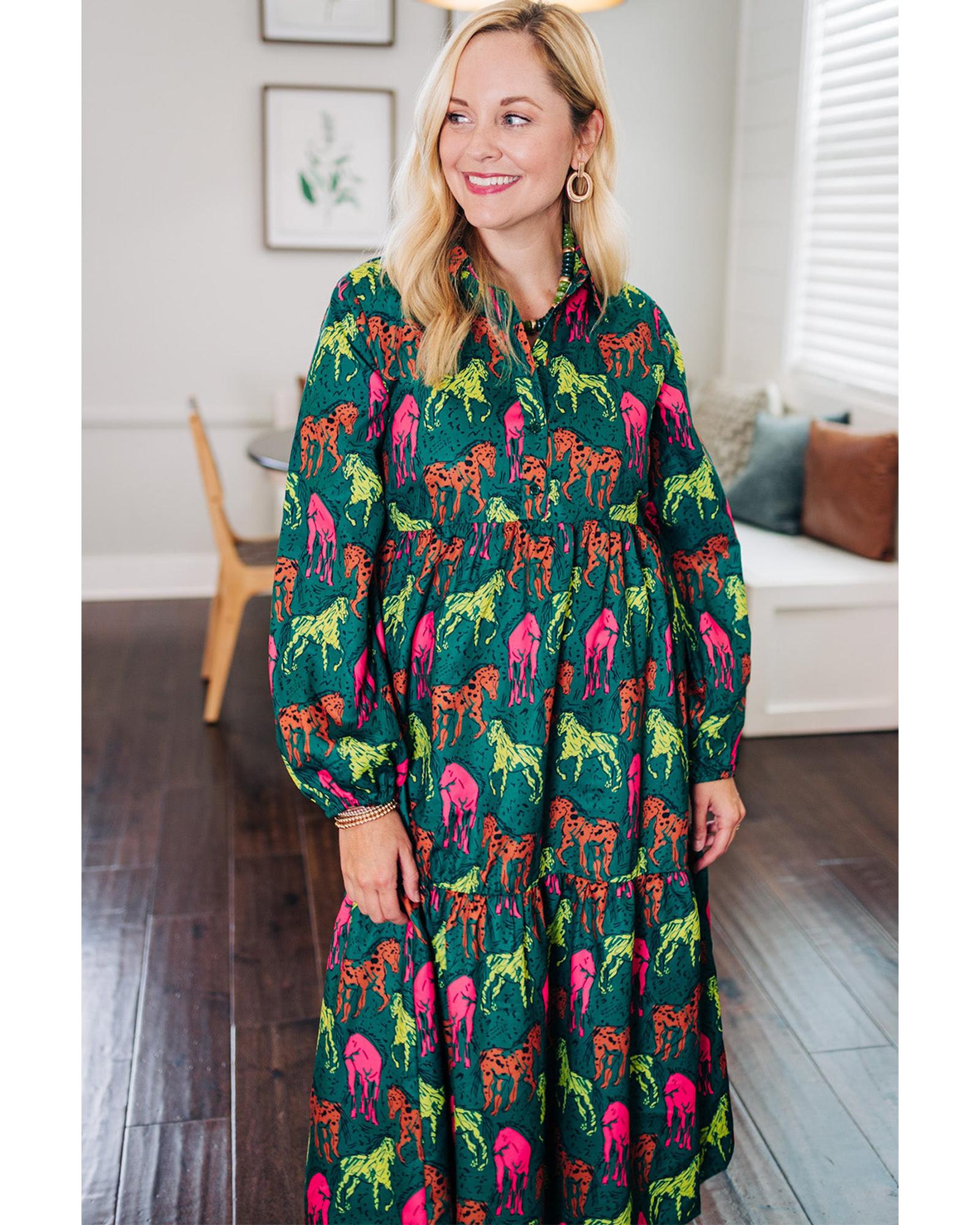 V539-AZEXPL611909-P920-4X-202508300840-00 Green Horse Printed Long Sleeve Collared Buttoned Plus Size Midi Dress - 4X - Image 1