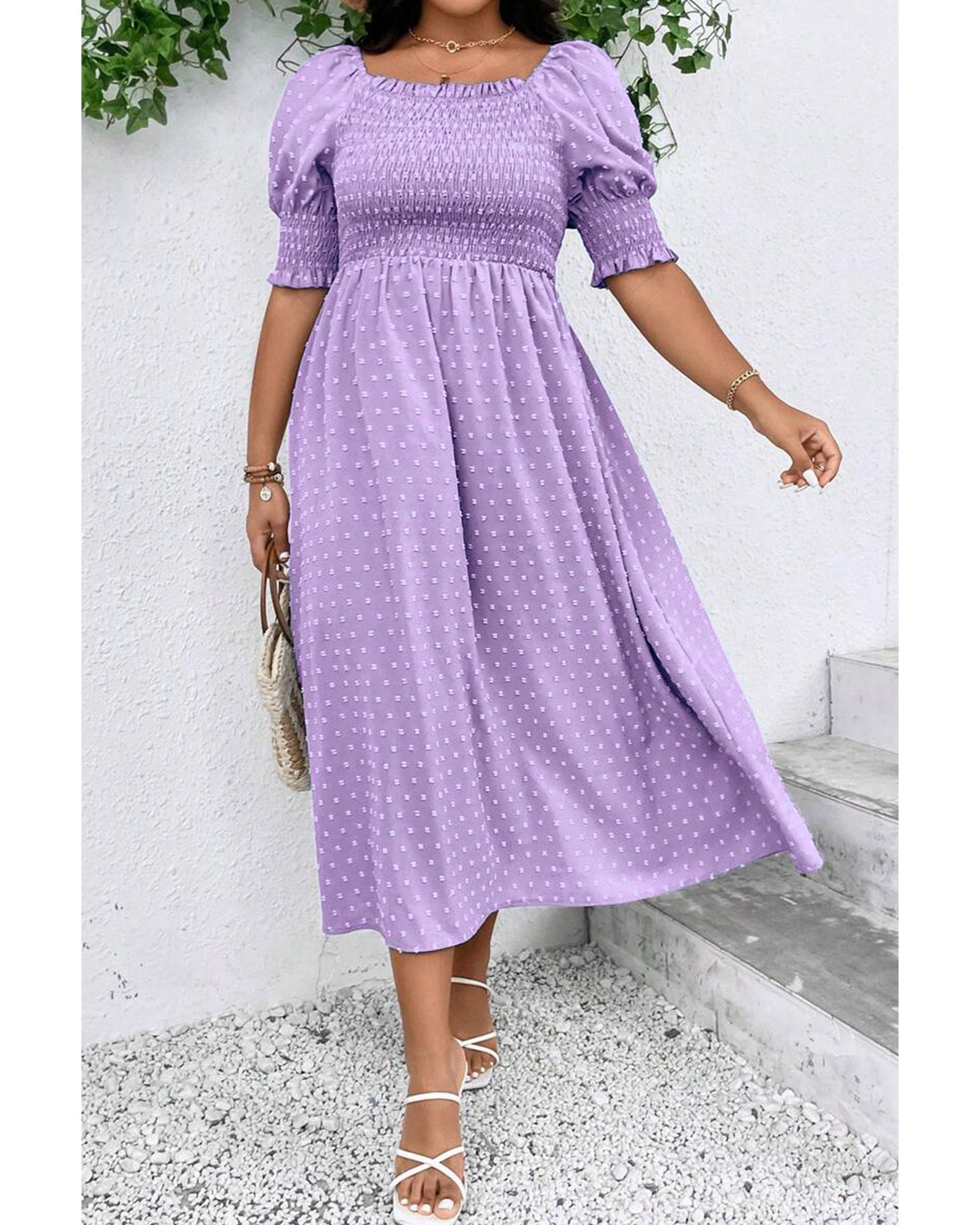 V539-AZEXPL612311-P208-4X-202508301315-00 Wisteria Swiss Dot Smocked Frilled Neckline Short Sleeve Plus Size Dress - 4X - Image 1