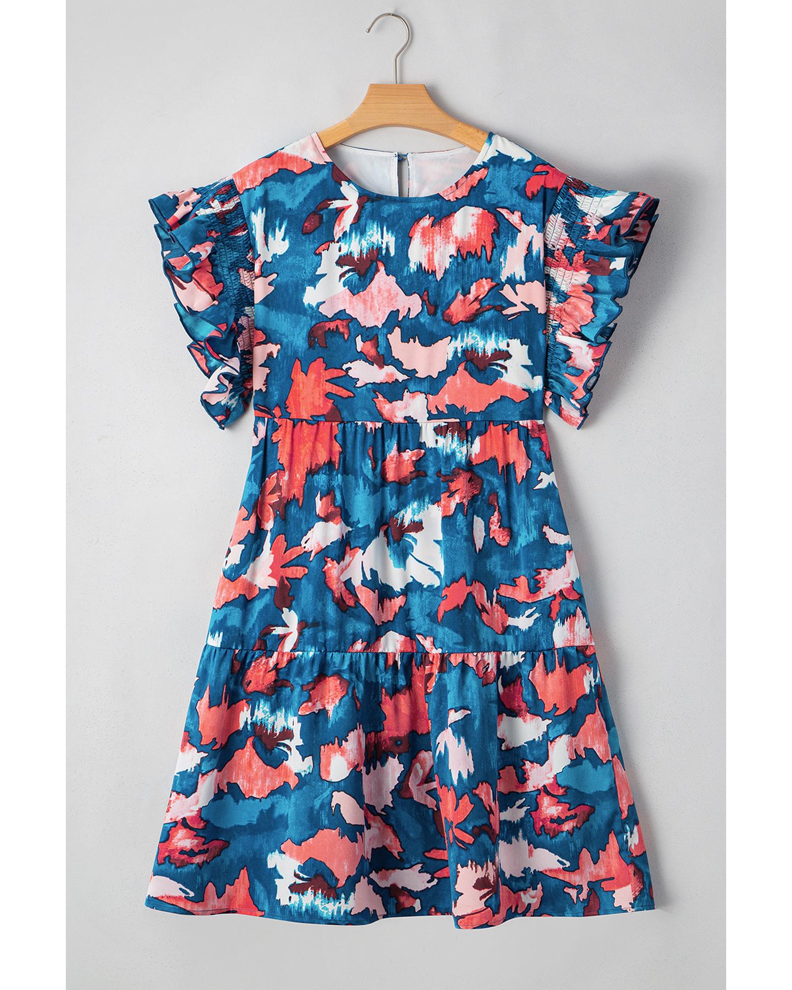 V539-AZEXPL612351-P520-3X-202508301750-04 Blue Abstract Print Shirred Ruffled Short Sleeve Tiered Plus Size Mini Dress - 3X - Image 5