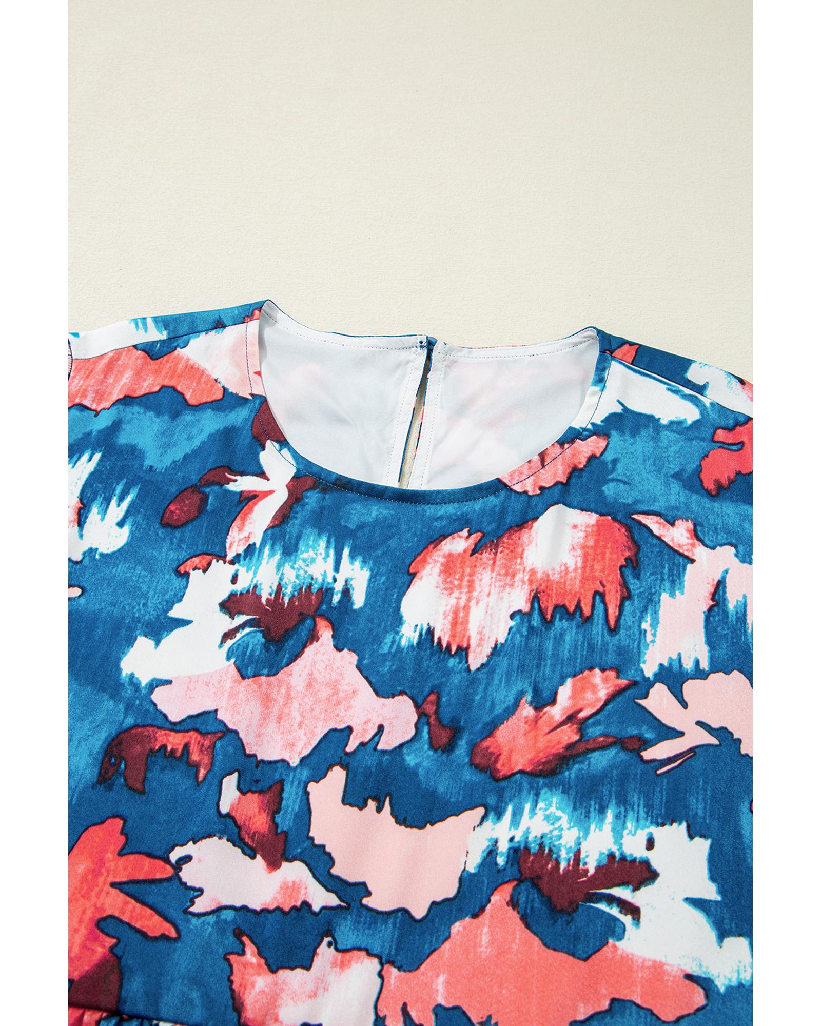 V539-AZEXPL612351-P520-3X-202508301750-06 Blue Abstract Print Shirred Ruffled Short Sleeve Tiered Plus Size Mini Dress - 3X - Image 7