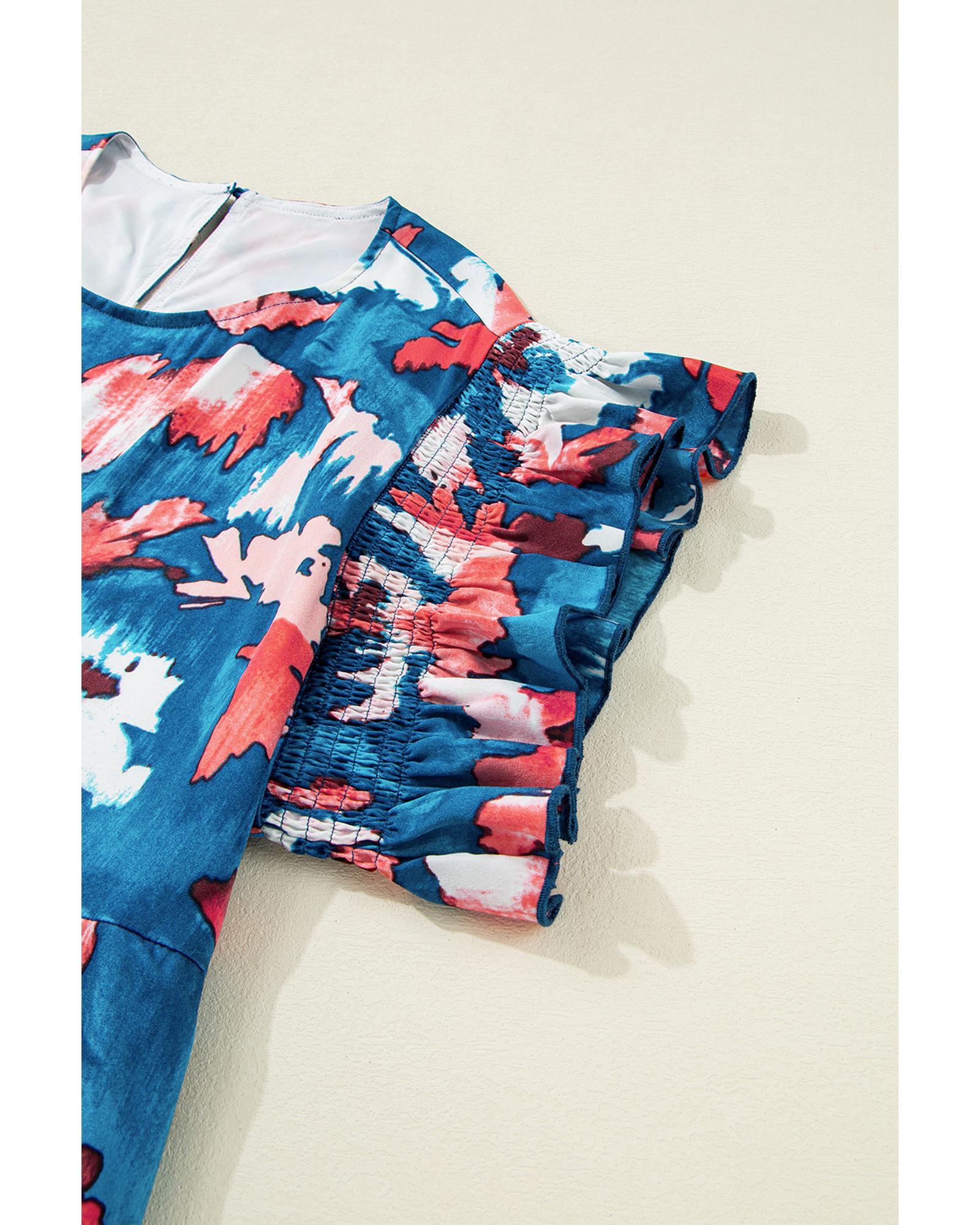 V539-AZEXPL612351-P520-3X-202508301750-07 Blue Abstract Print Shirred Ruffled Short Sleeve Tiered Plus Size Mini Dress - 3X - Image 8